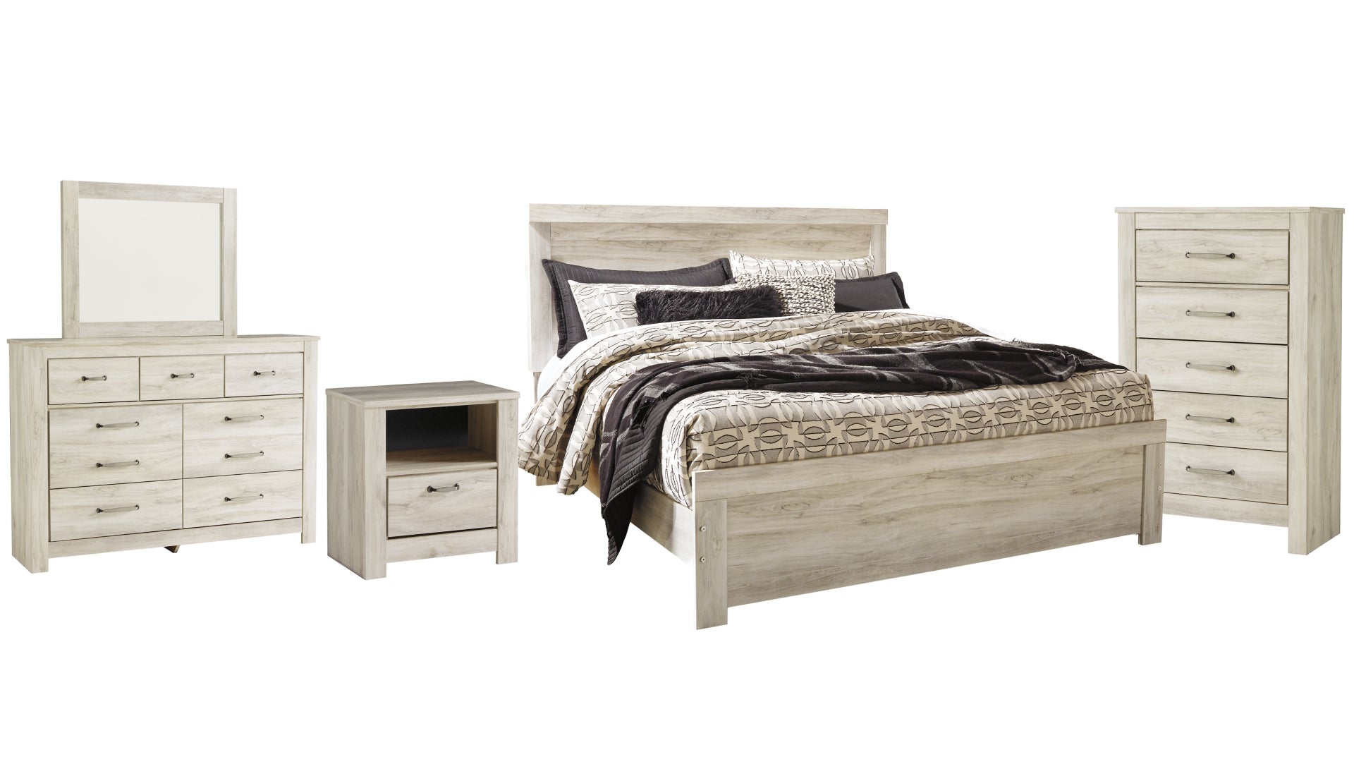 Bellaby King Panel Bed with Mirrored Dresser, Chest and Nightstand