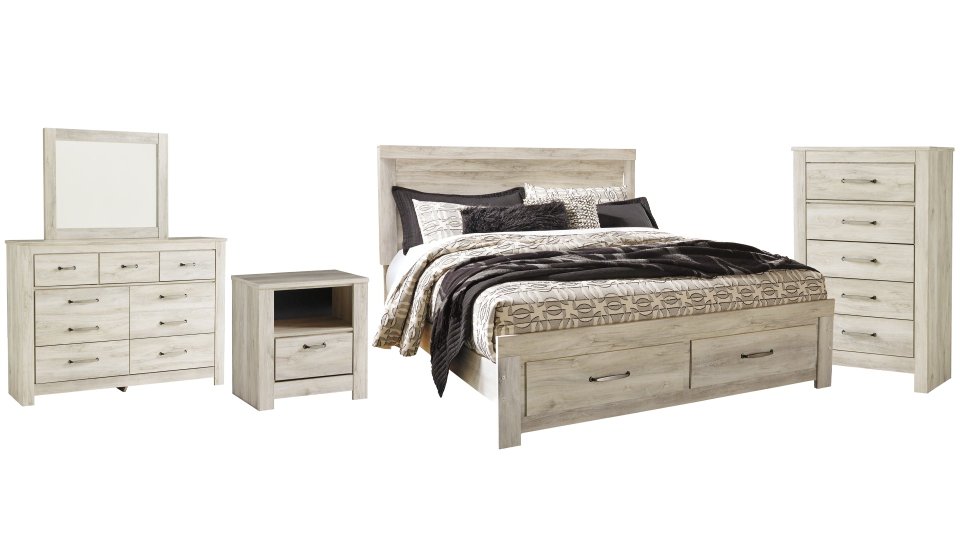 Bellaby King Platform Bed with 2 Storage Drawers with Mirrored Dresser, Chest and Nightstand