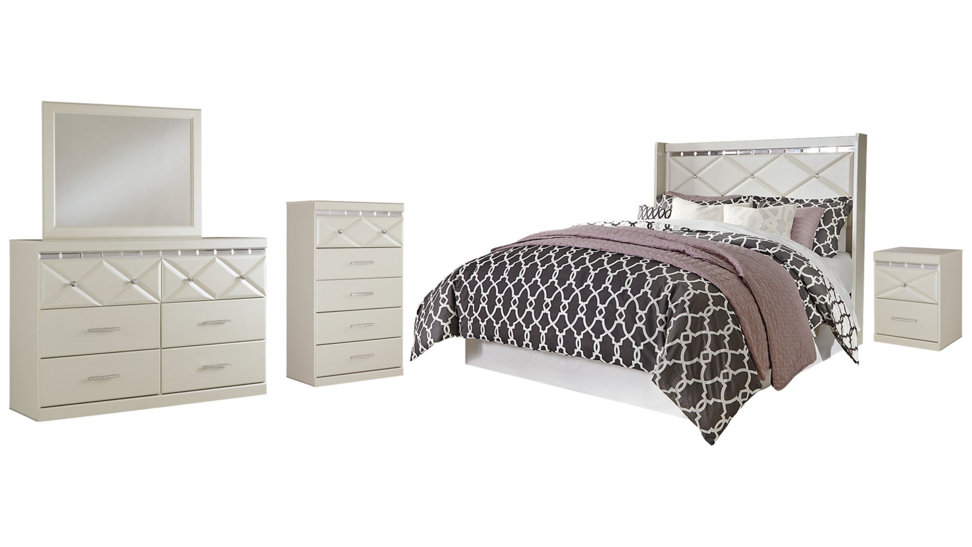 Dreamur Queen Panel Headboard Bed with Mirrored Dresser, Chest and Nightstand