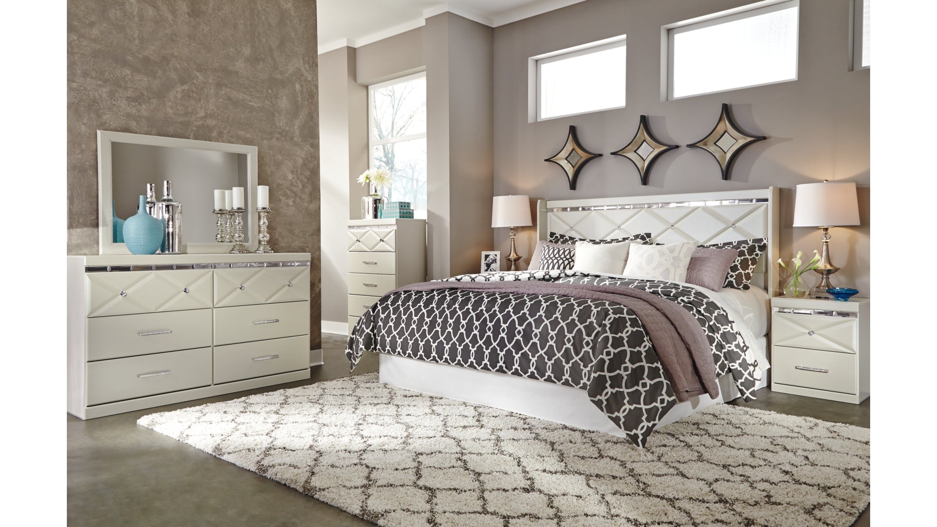 Dreamur King/California King Panel Headboard Bed with Mirrored Dresser and Chest