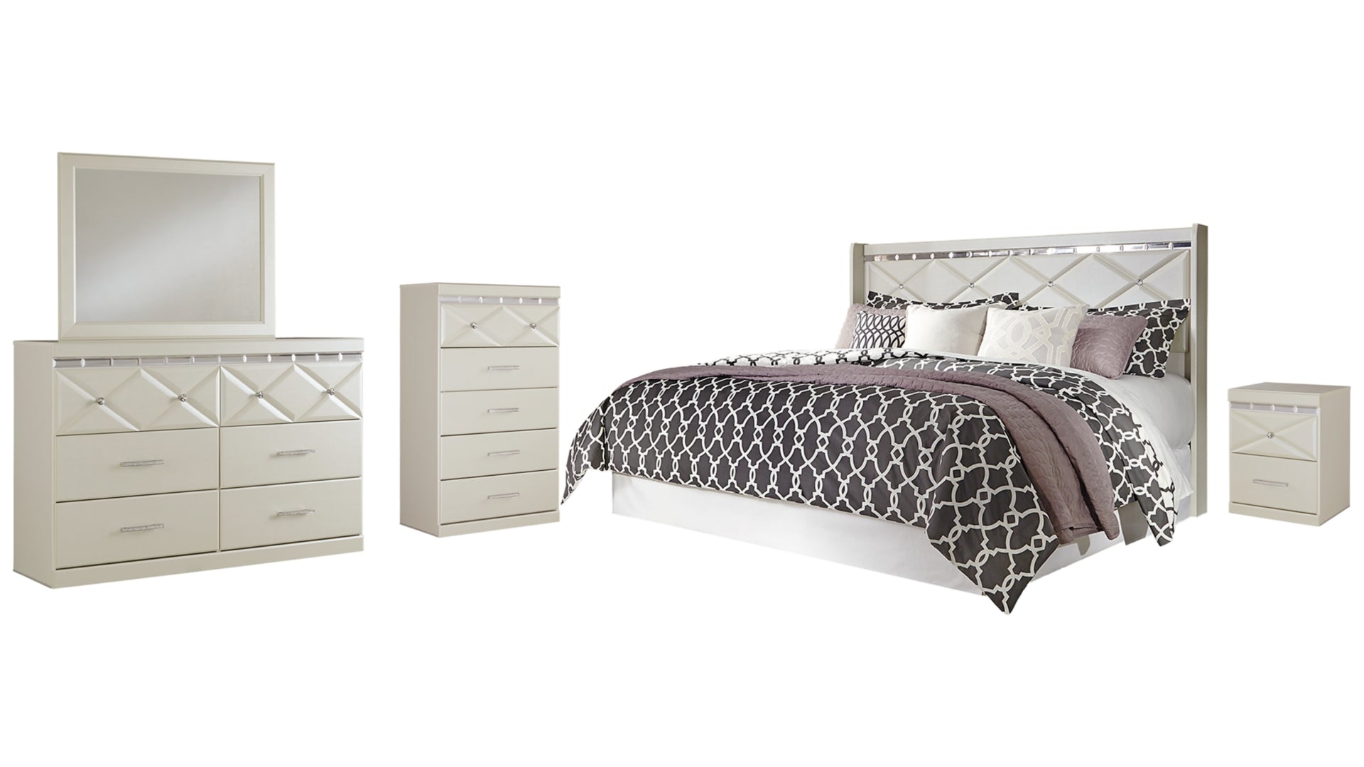 Dreamur King/California King Panel Headboard Bed with Mirrored Dresser, Chest and Nightstand