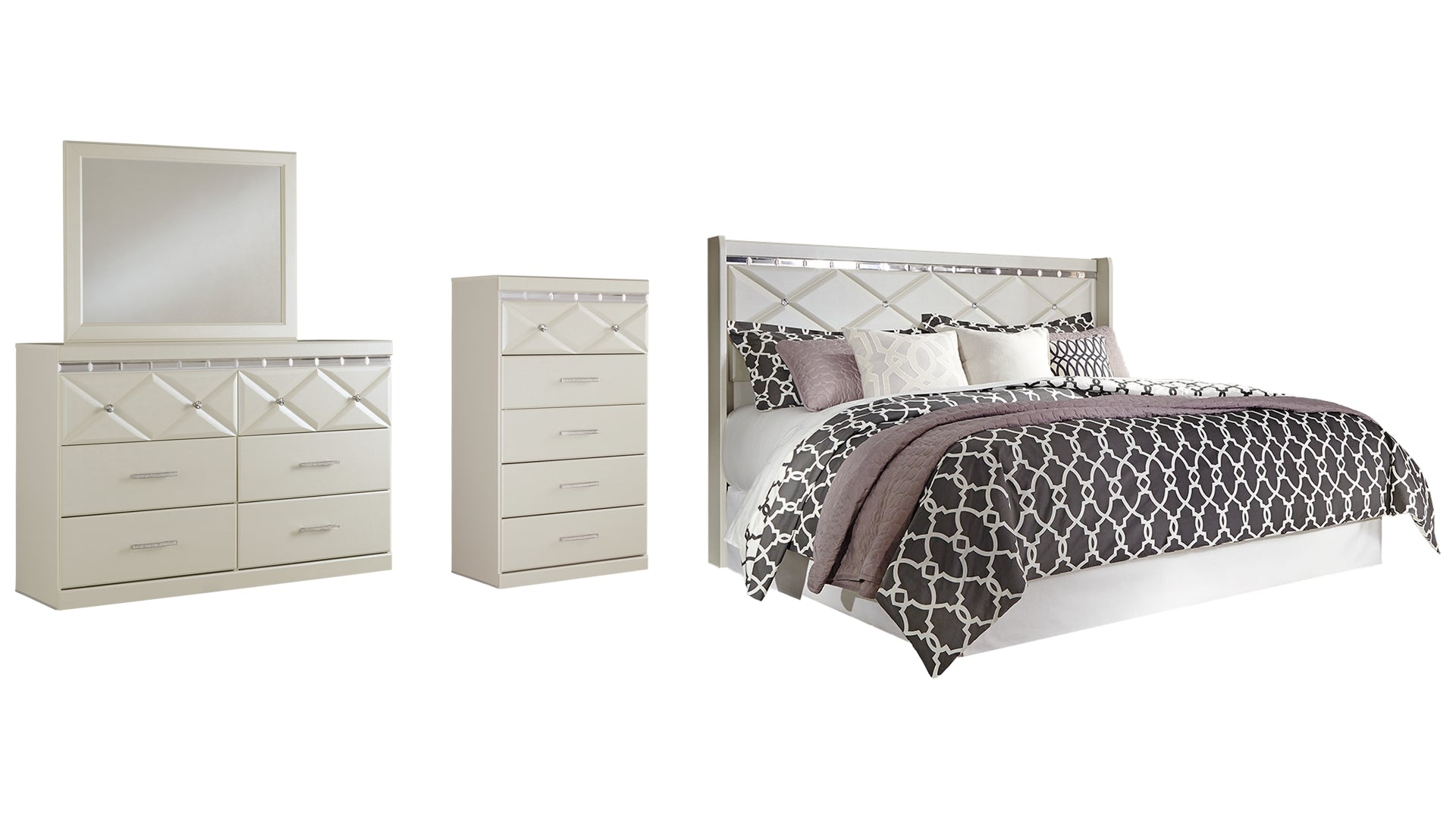 Dreamur King/California King Panel Headboard Bed with Mirrored Dresser and Chest
