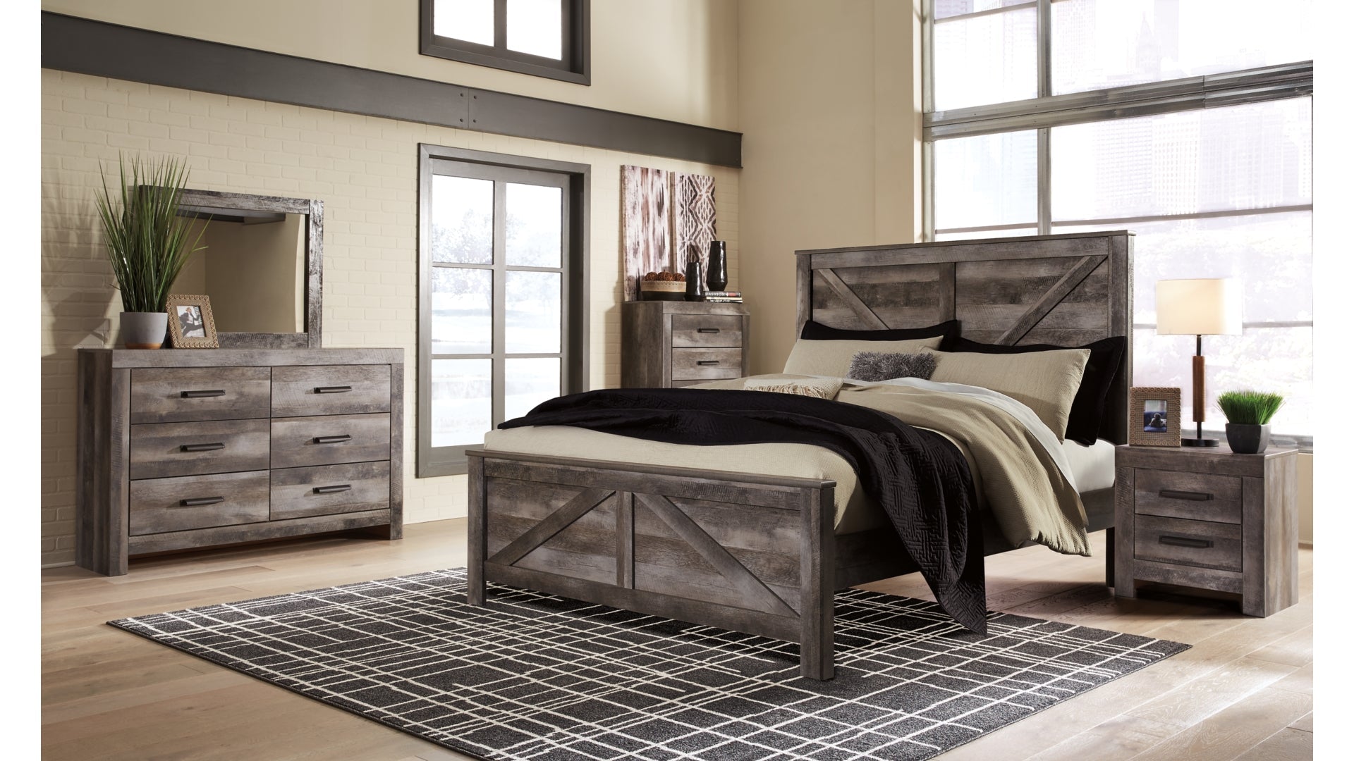 Wynnlow King Crossbuck Panel Bed with Mirrored Dresser and Chest