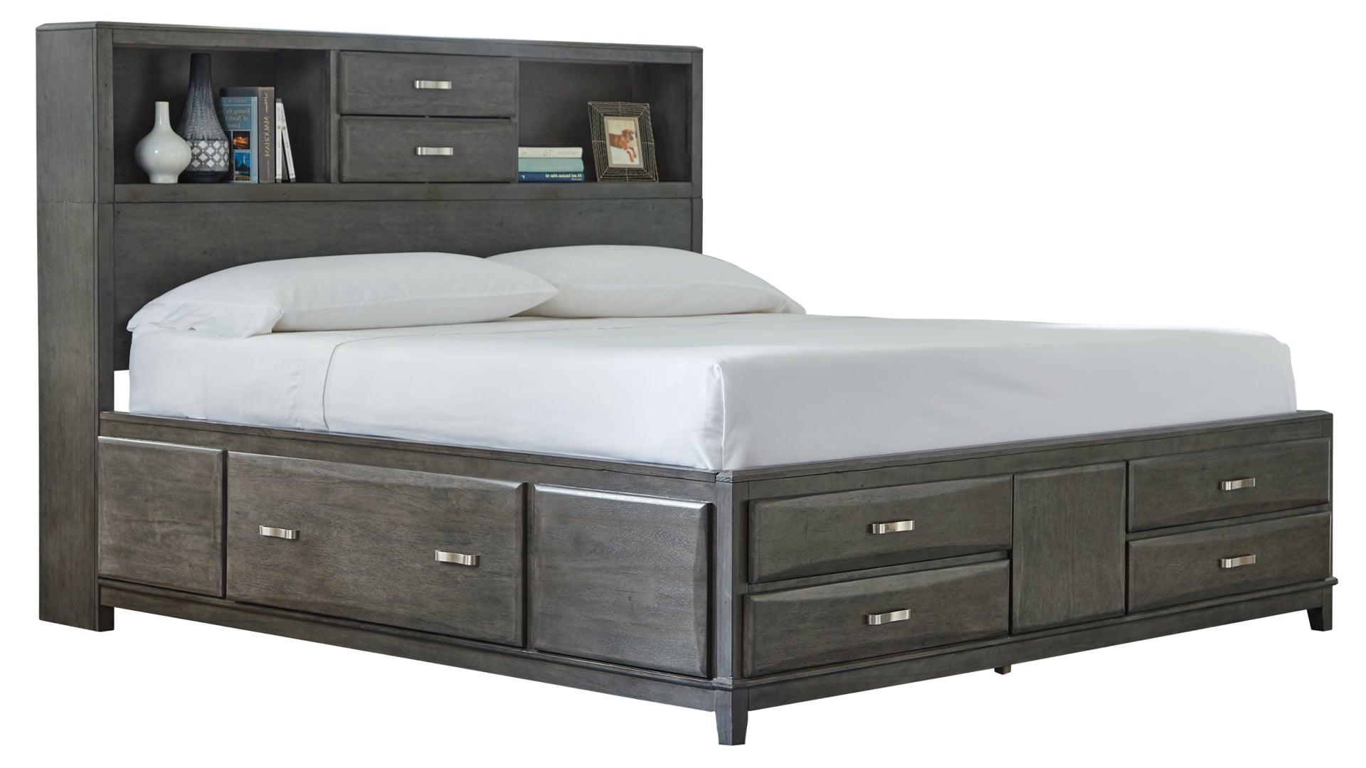 Caitbrook Queen Storage Bed with 8 Storage Drawers with Mirrored Dresser and Chest