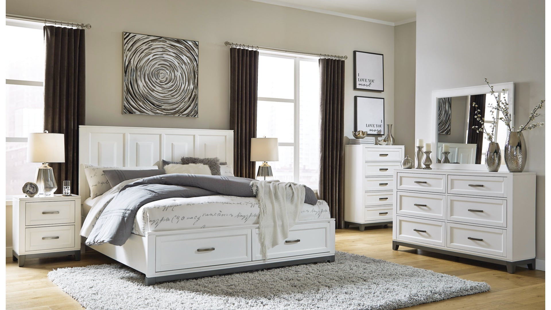 Brynburg King Panel Bed with 2 Storage Drawers with Mirrored Dresser and Chest