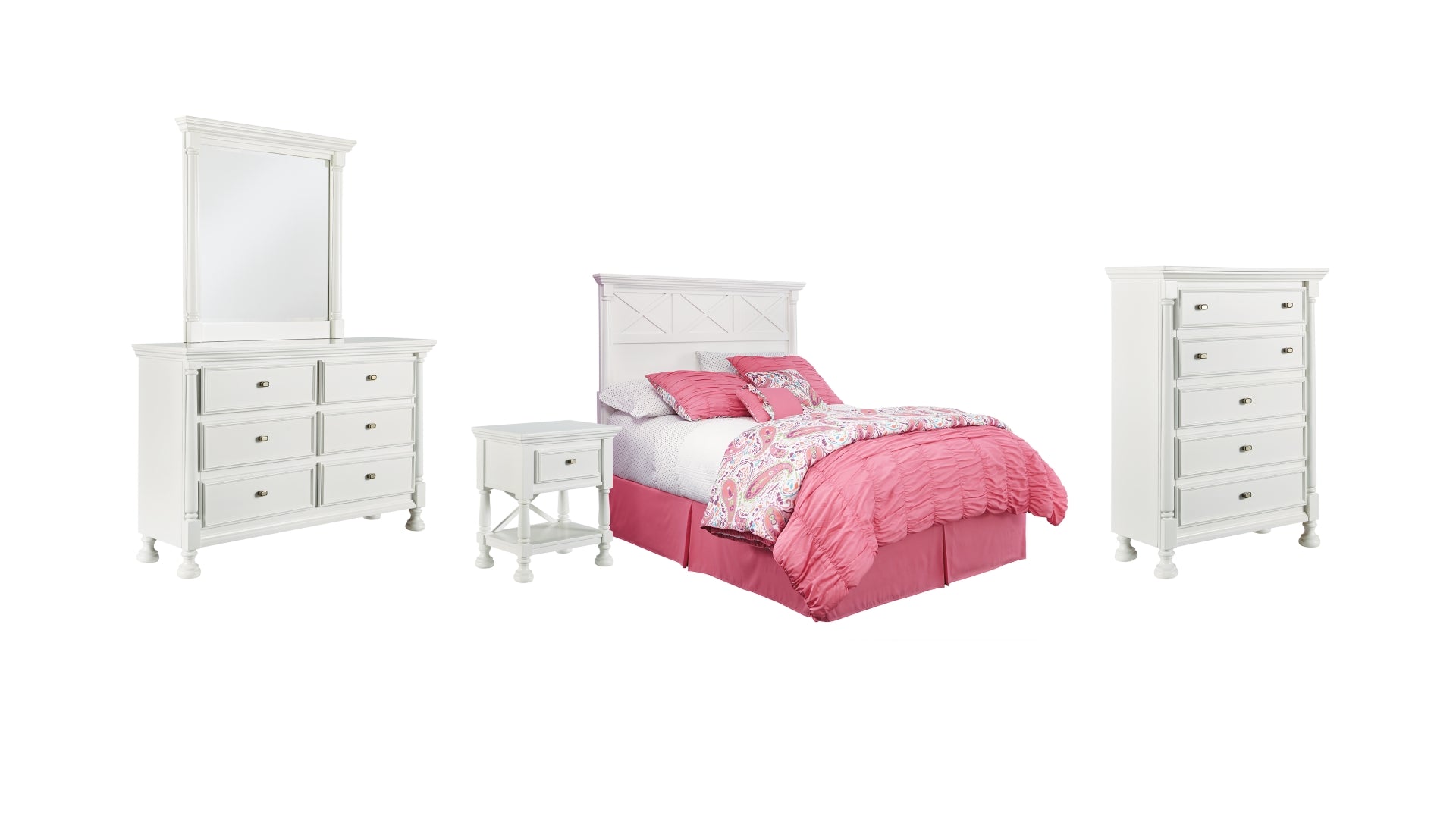 Kaslyn Queen Panel Headboard Bed with Mirrored Dresser, Chest and Nightstand