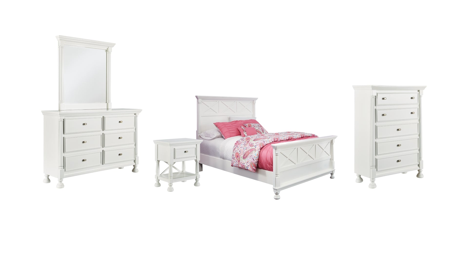 Kaslyn Queen Panel Bed with Mirrored Dresser, Chest and Nightstand