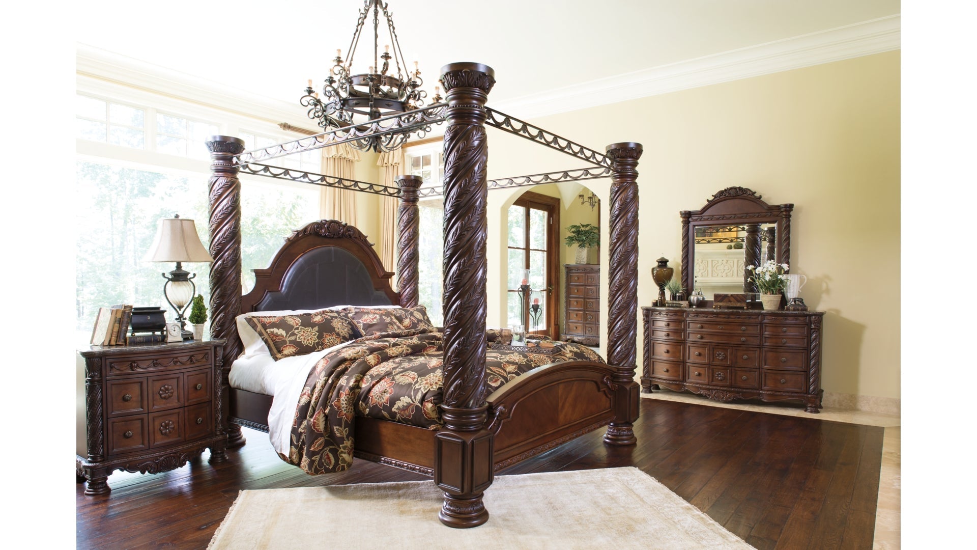North Shore King Poster Bed with Canopy with Mirrored Dresser, Chest and Nightstand