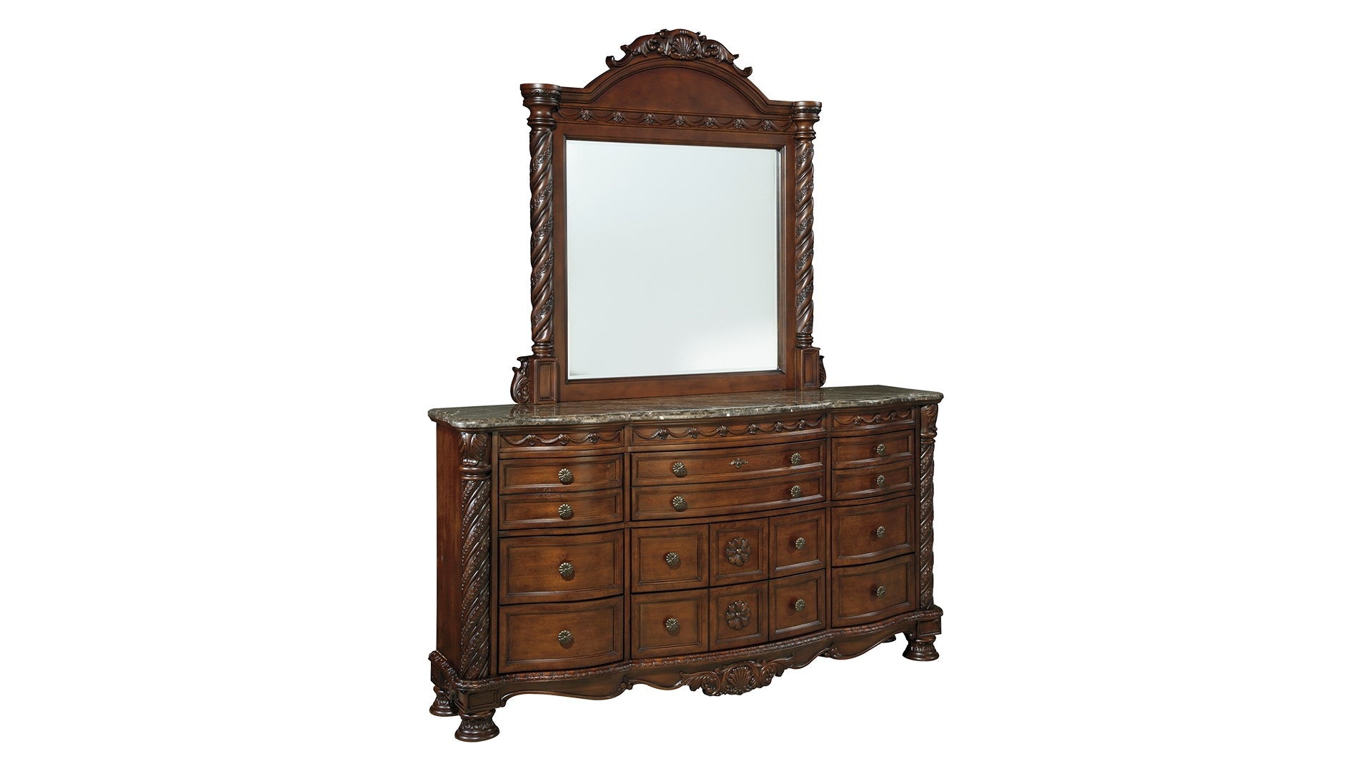 North Shore King Poster Bed with Canopy with Mirrored Dresser and Chest