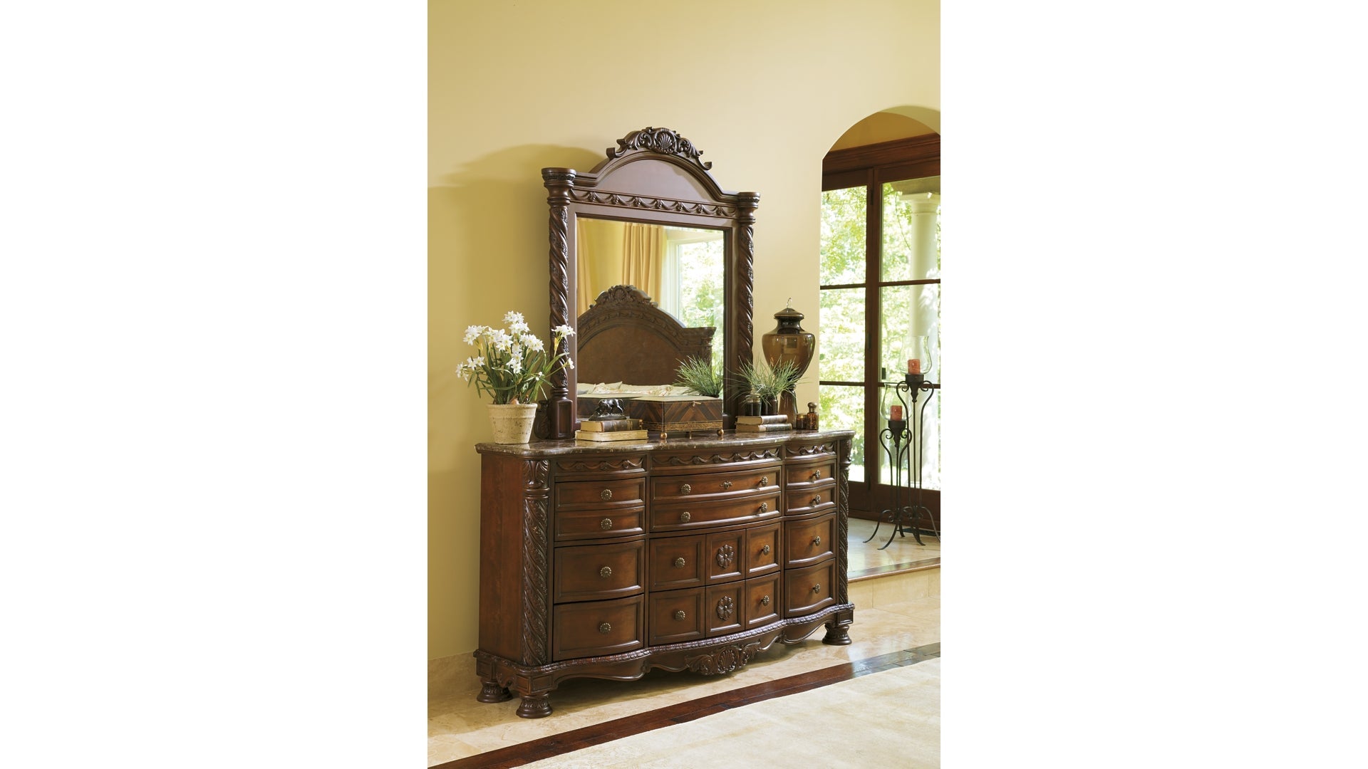 North Shore King Poster Bed with Canopy with Mirrored Dresser and Chest