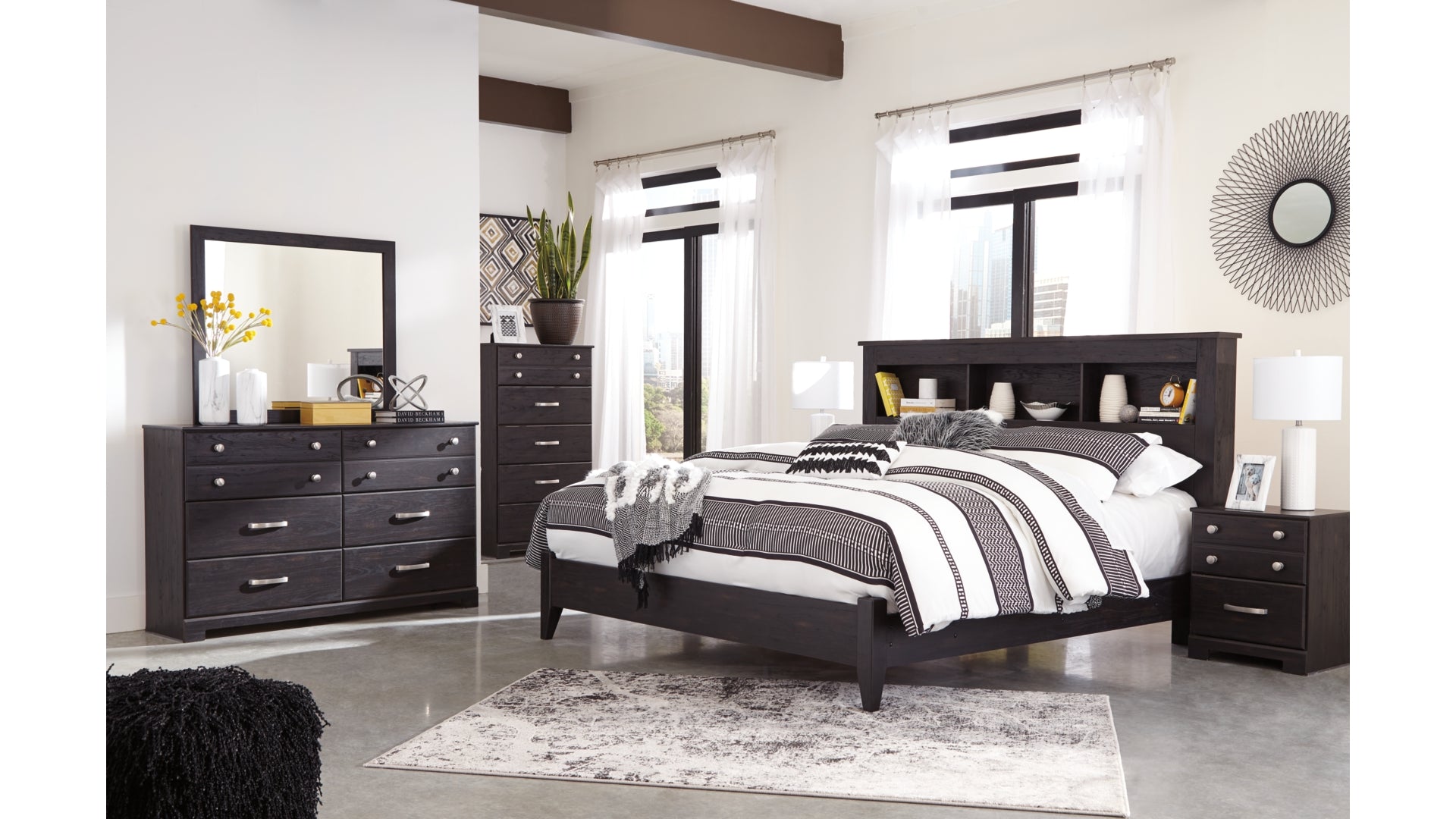 Reylow King Bookcase Bed with Mirrored Dresser and Chest