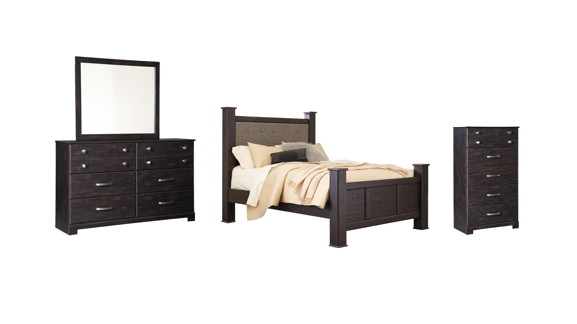 Reylow Queen Poster Bed with Mirrored Dresser and Chest