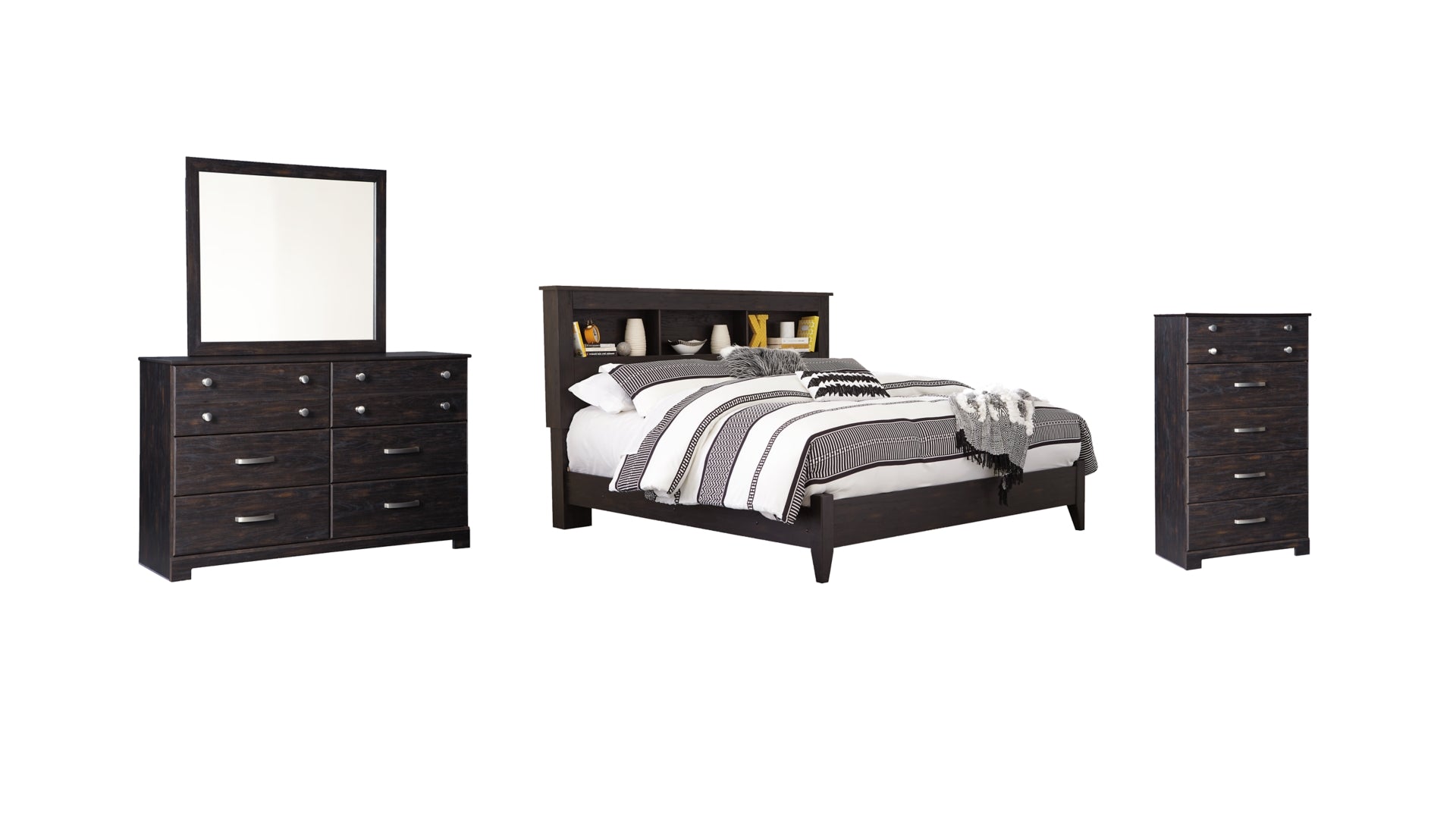 Reylow King Bookcase Bed with Mirrored Dresser and Chest