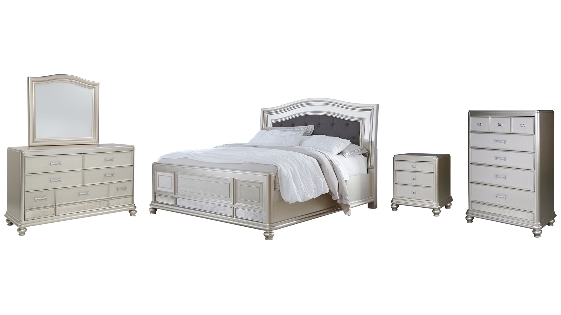 Coralayne King Panel Bed with Mirrored Dresser, Chest and Nightstand
