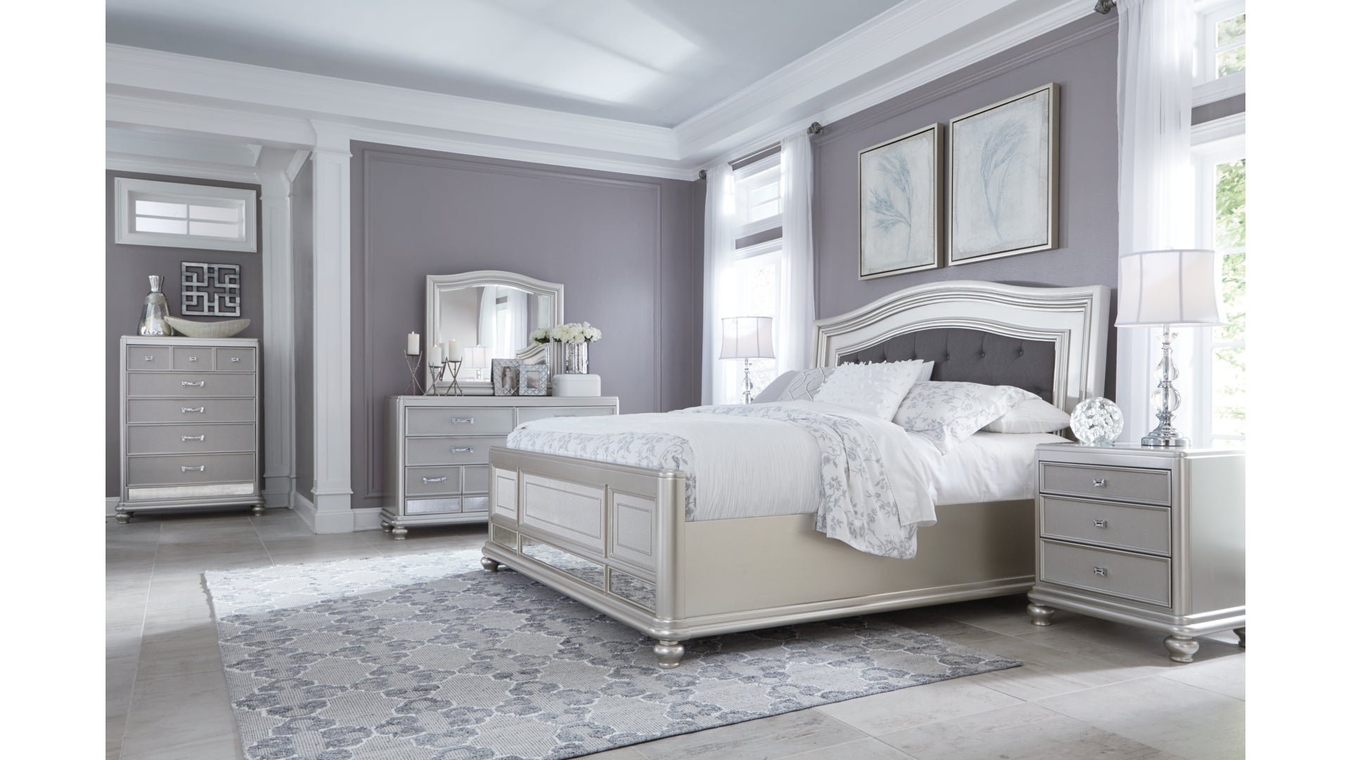 Coralayne Queen Panel Bed with Mirrored Dresser and Chest