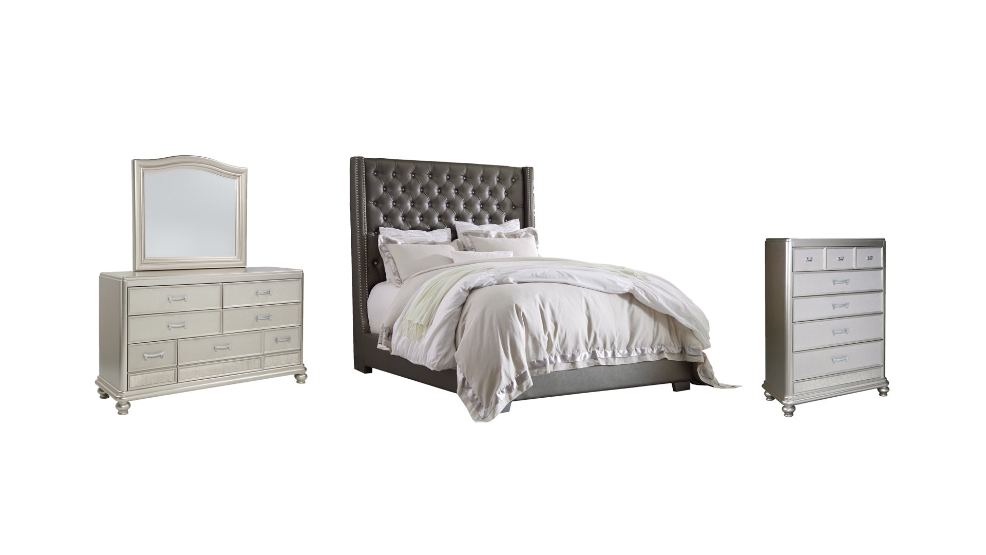 Coralayne Queen Upholstered Bed with Mirrored Dresser and Chest