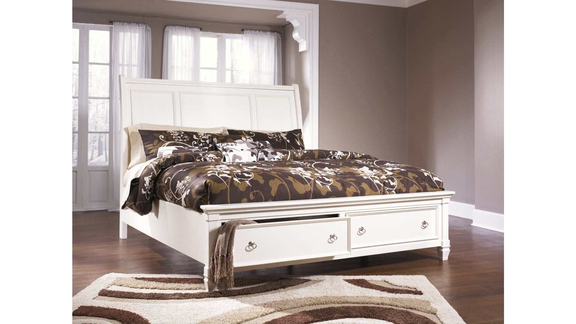 Prentice King Sleigh Bed with 2 Storage Drawers with Mirrored Dresser and Chest