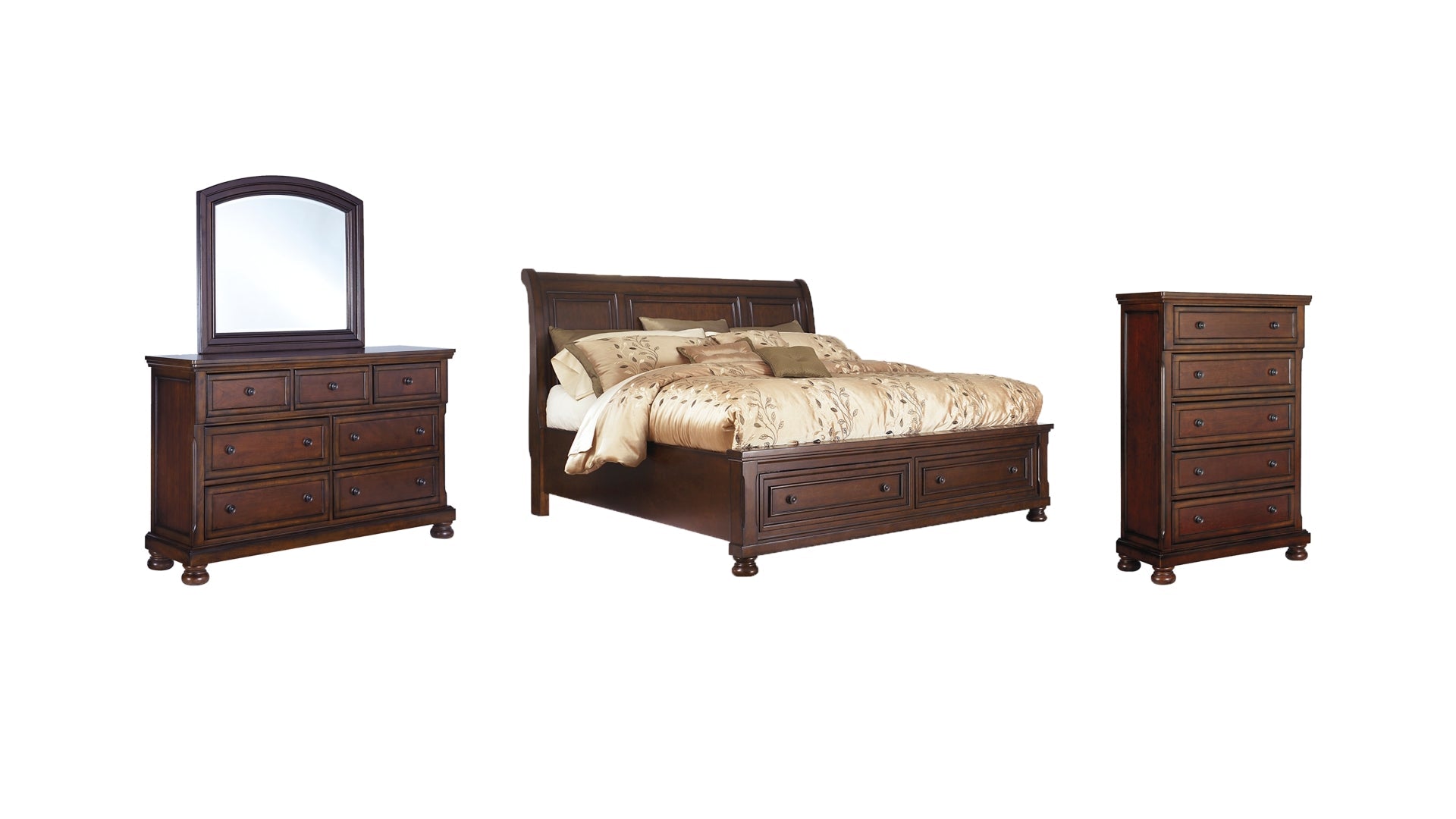 Porter King Sleigh Bed with Mirrored Dresser and Chest