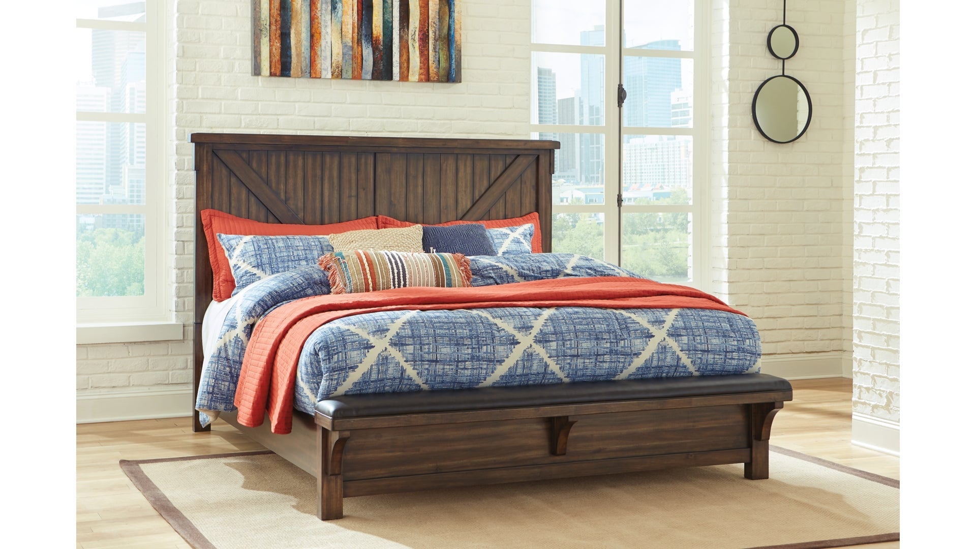 Lakeleigh Queen Panel Bed with Upholstered Bench with Mirrored Dresser and Chest