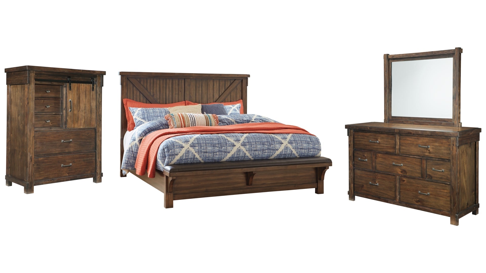 Lakeleigh Califorina King Panel Bed with Upholstered Bench with Mirrored Dresser and Chest
