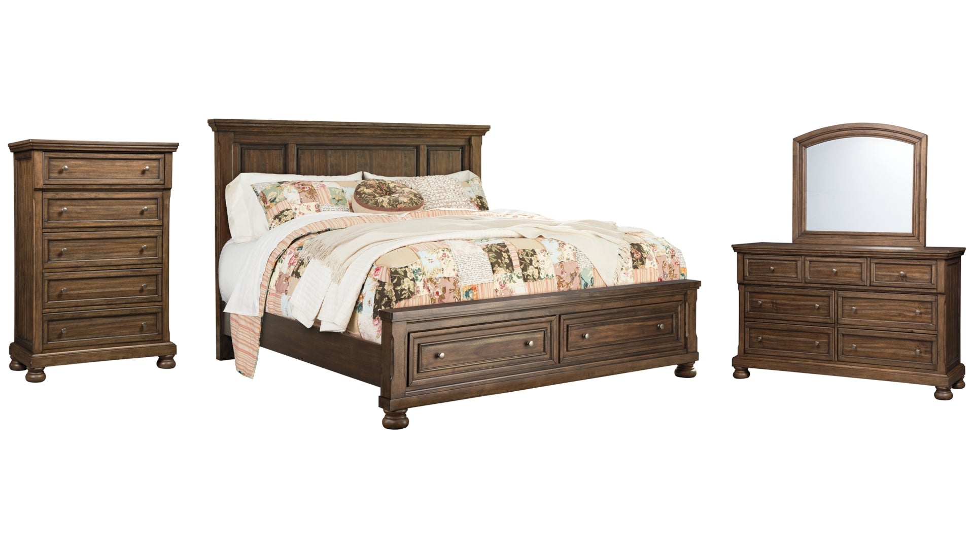 Flynnter Queen Panel Bed with 2 Storage Drawers with Mirrored Dresser and Chest