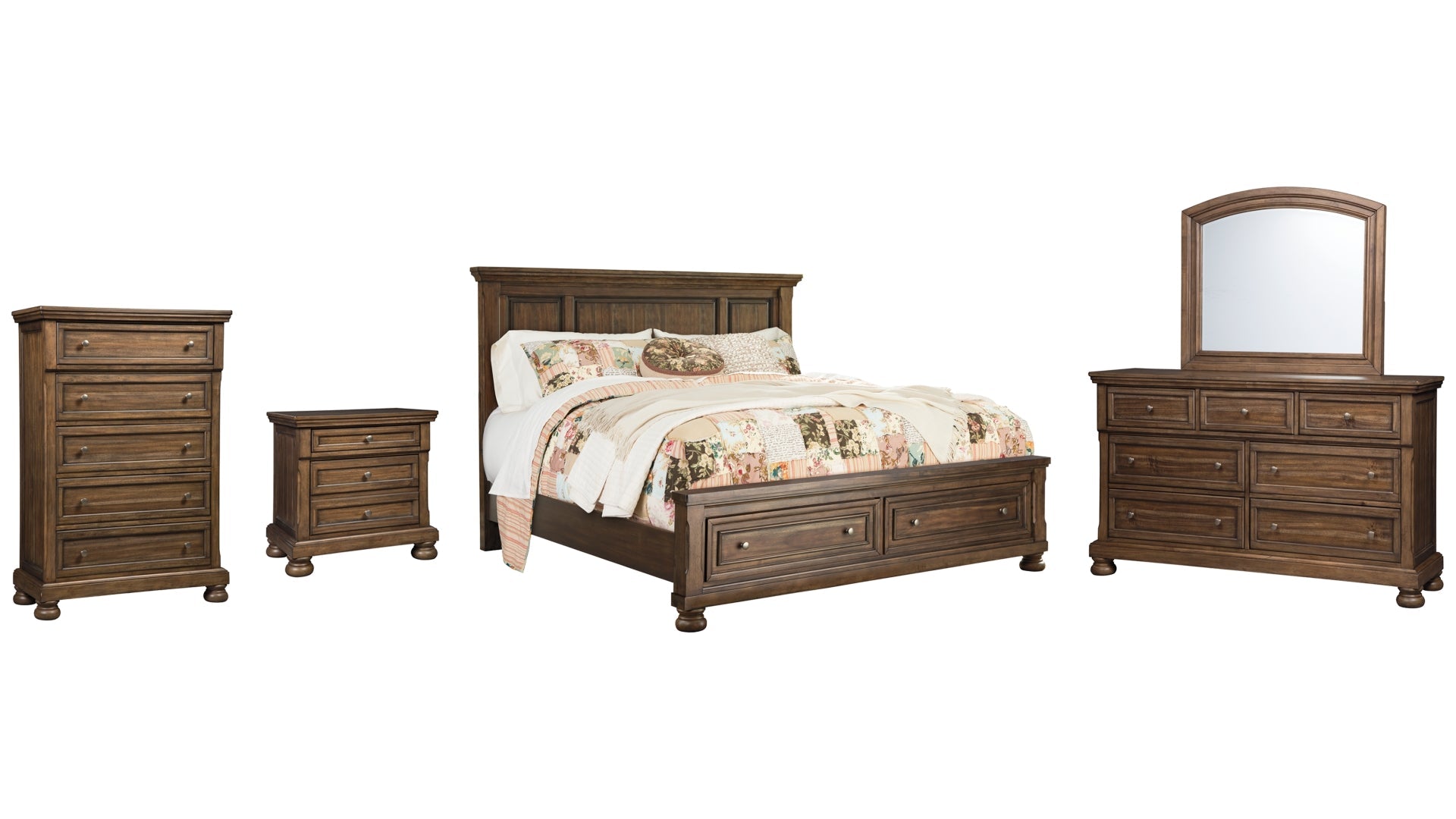 Flynnter California King Panel Bed with 2 Storage Drawers with Mirrored Dresser, Chest and Nightstand