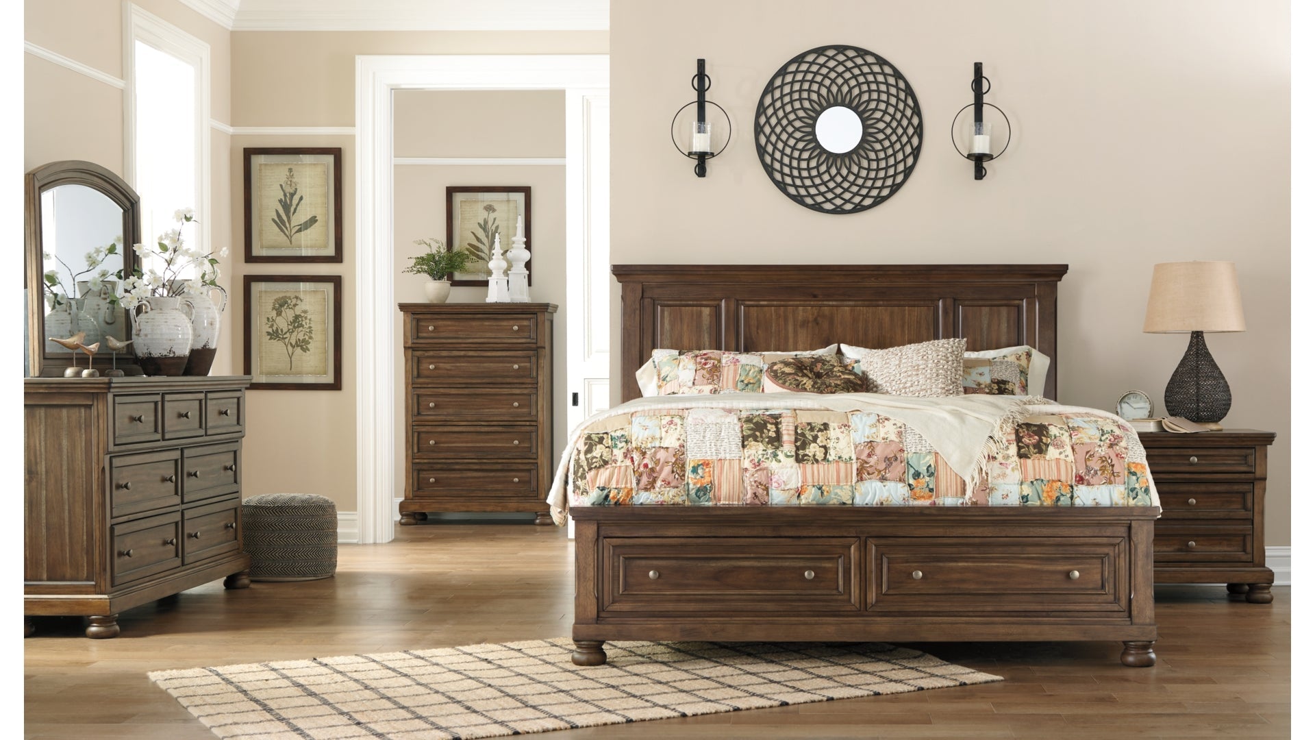Flynnter California King Panel Bed with 2 Storage Drawers with Mirrored Dresser, Chest and Nightstand