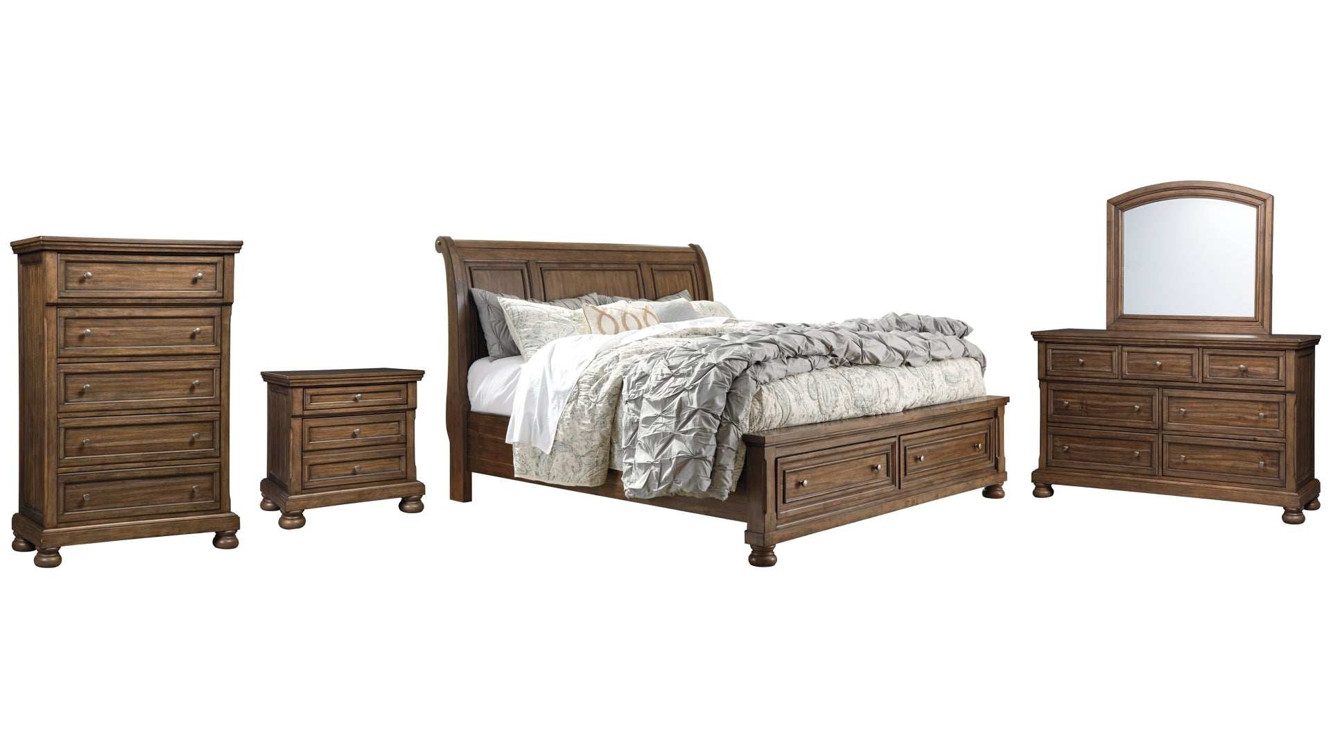Flynnter California King Sleigh Bed with 2 Storage Drawers with Mirrored Dresser, Chest and Nightstand