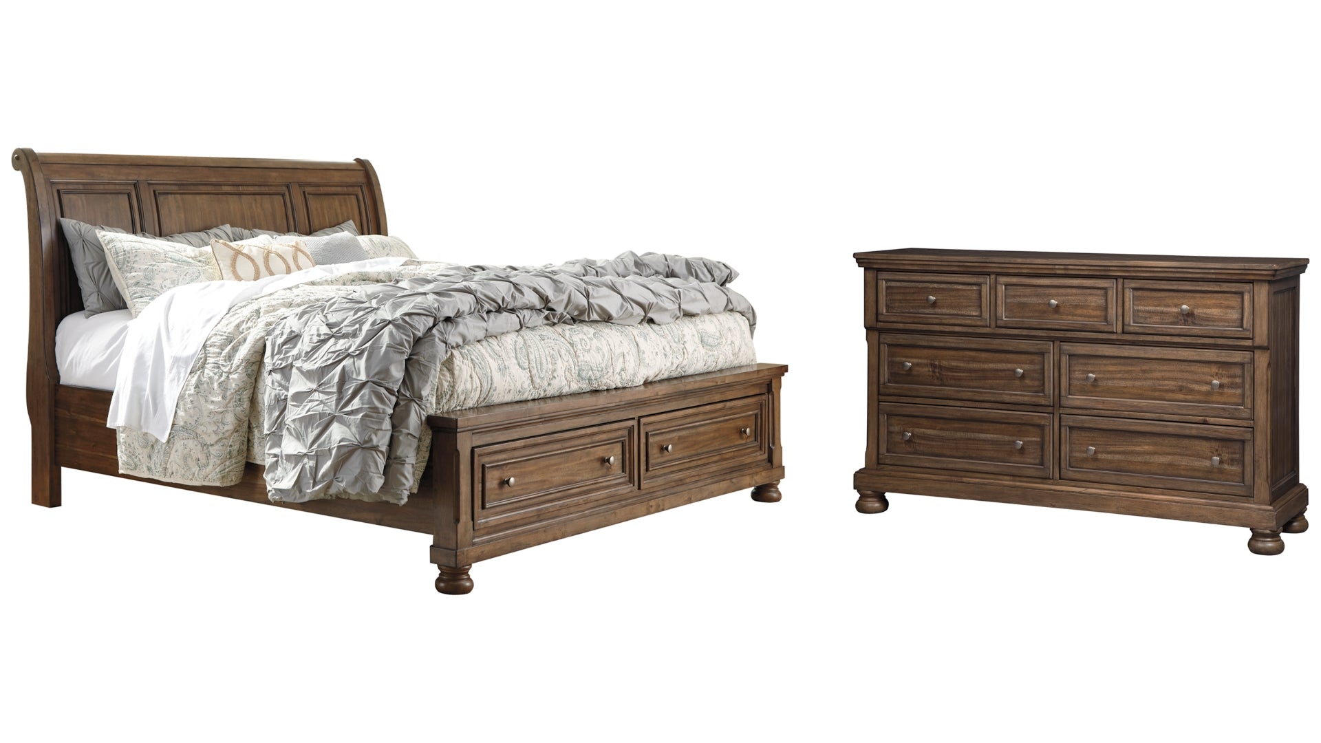 Flynnter California King Sleigh Bed with 2 Storage Drawers with Dresser