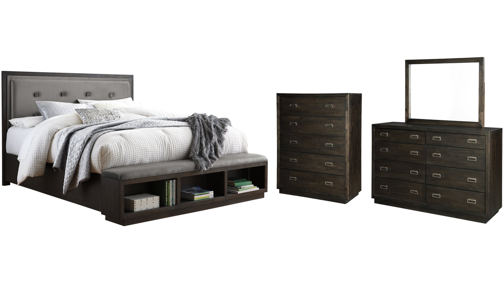Hyndell Queen Upholstered Panel Bed with Storage with Mirrored Dresser and Chest