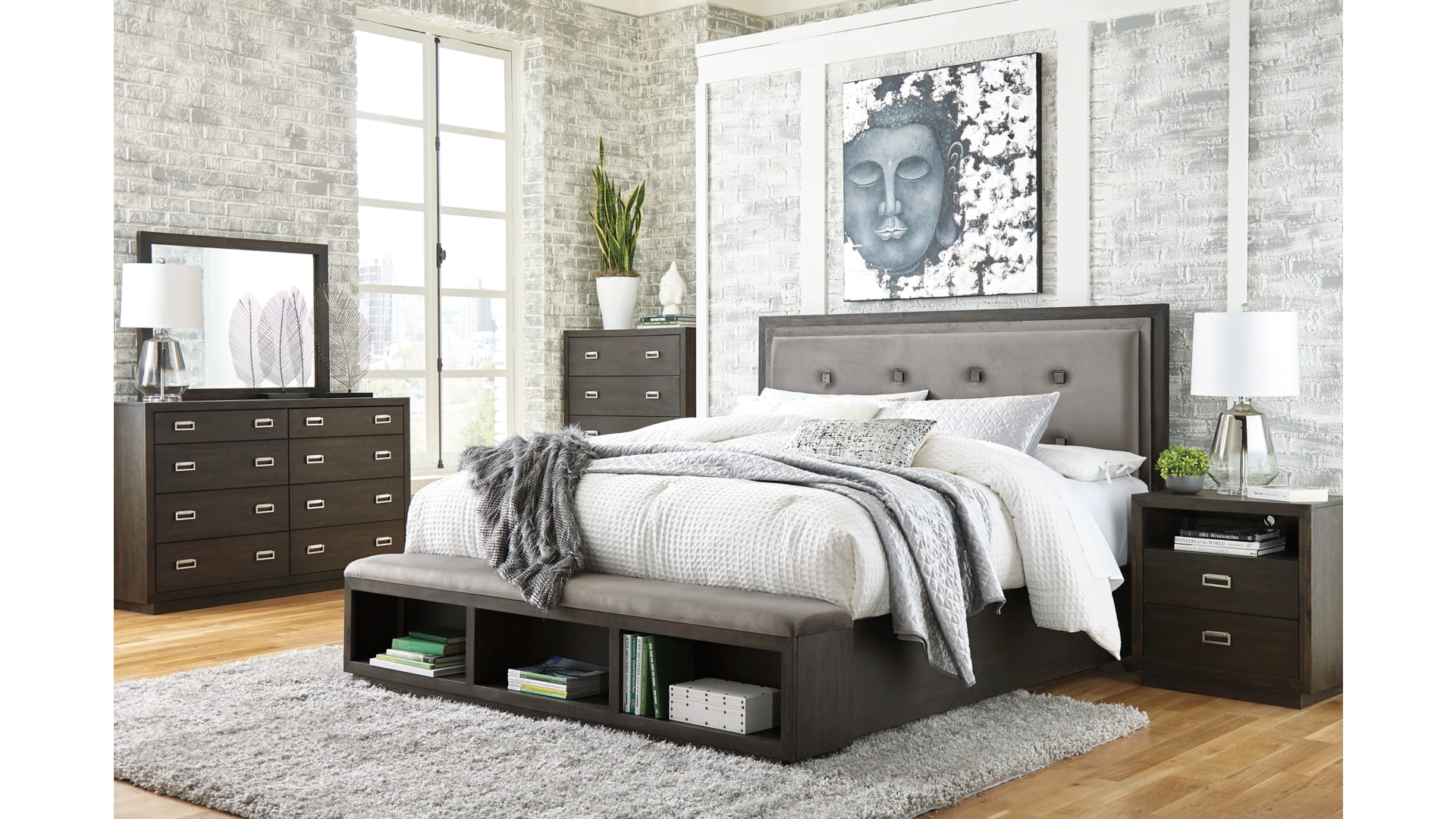 Hyndell Queen Upholstered Panel Bed with Storage with Mirrored Dresser and Chest