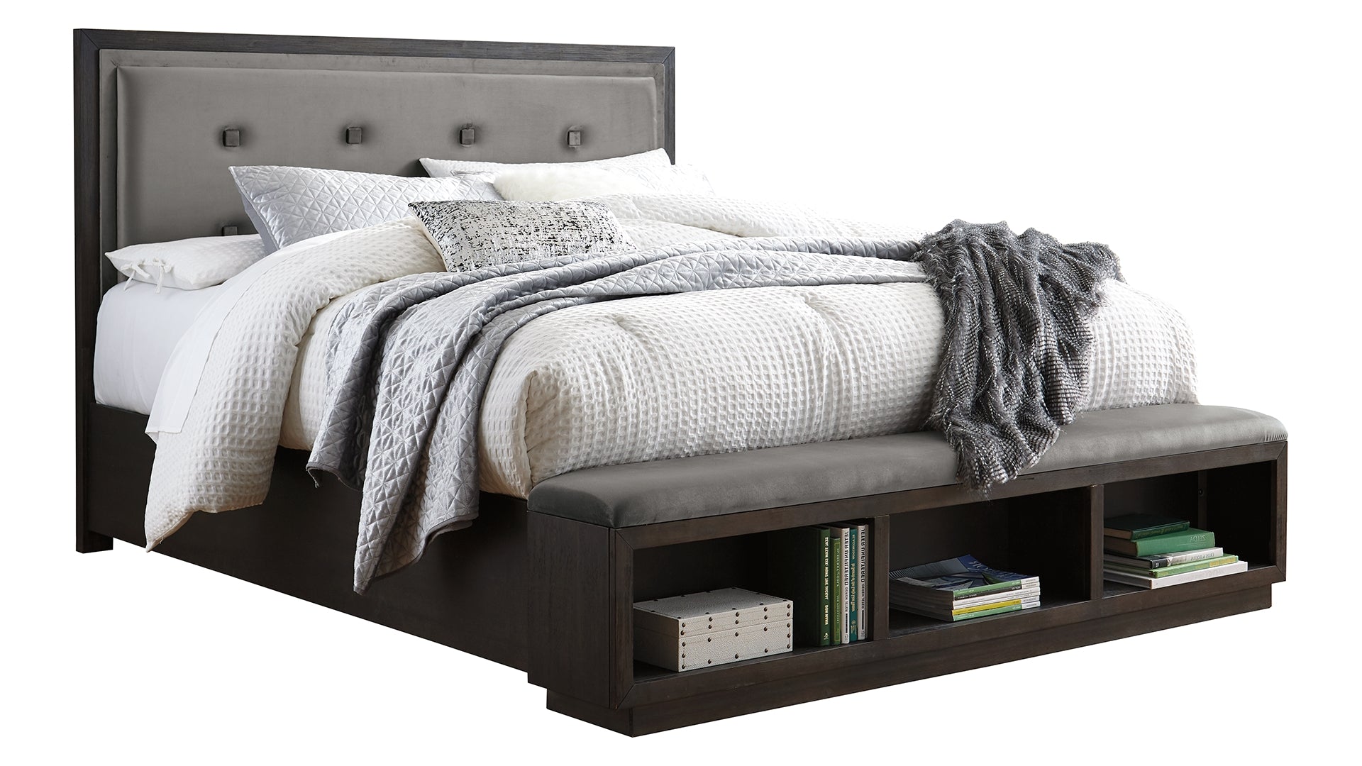 Hyndell Queen Upholstered Panel Bed with Storage with Mirrored Dresser and Chest