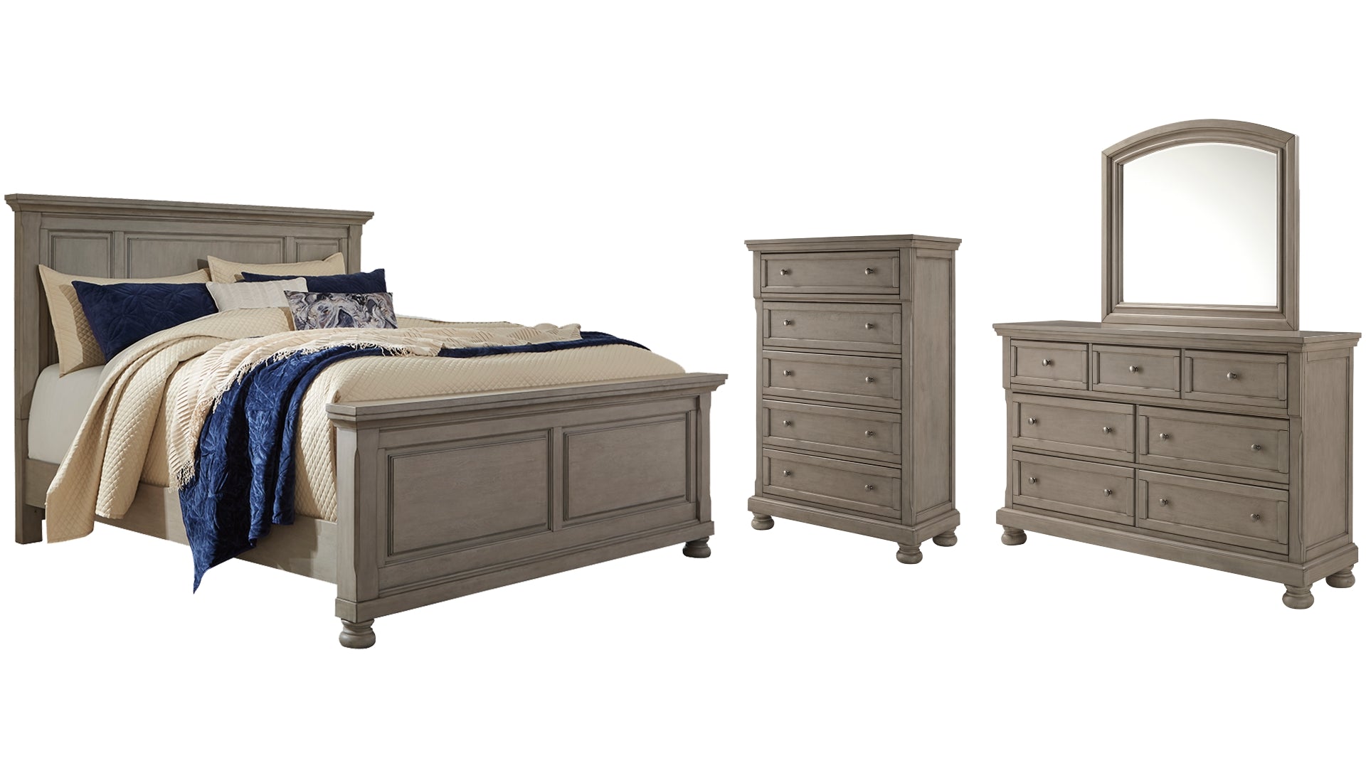 Lettner King Panel Bed with Mirrored Dresser and Chest