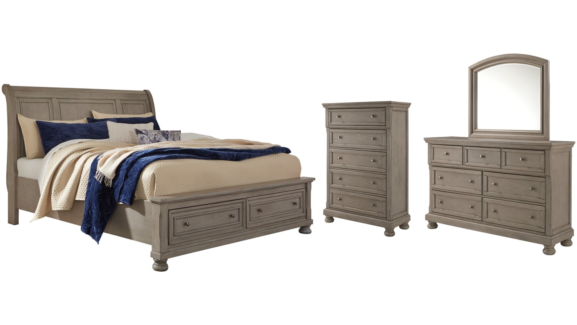 Lettner Queen Sleigh Bed with 2 Storage Drawers with Mirrored Dresser and Chest