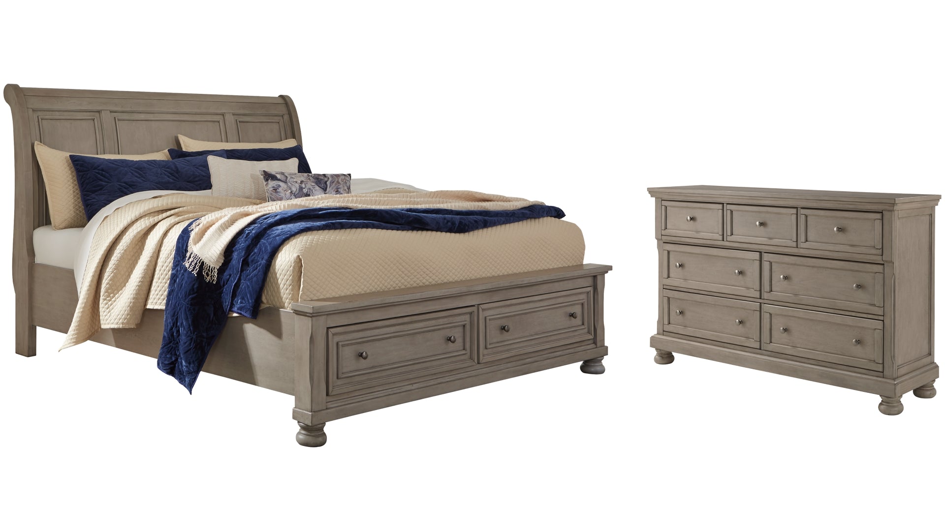 Lettner King Sleigh Bed with 2 Storage Drawers with Dresser
