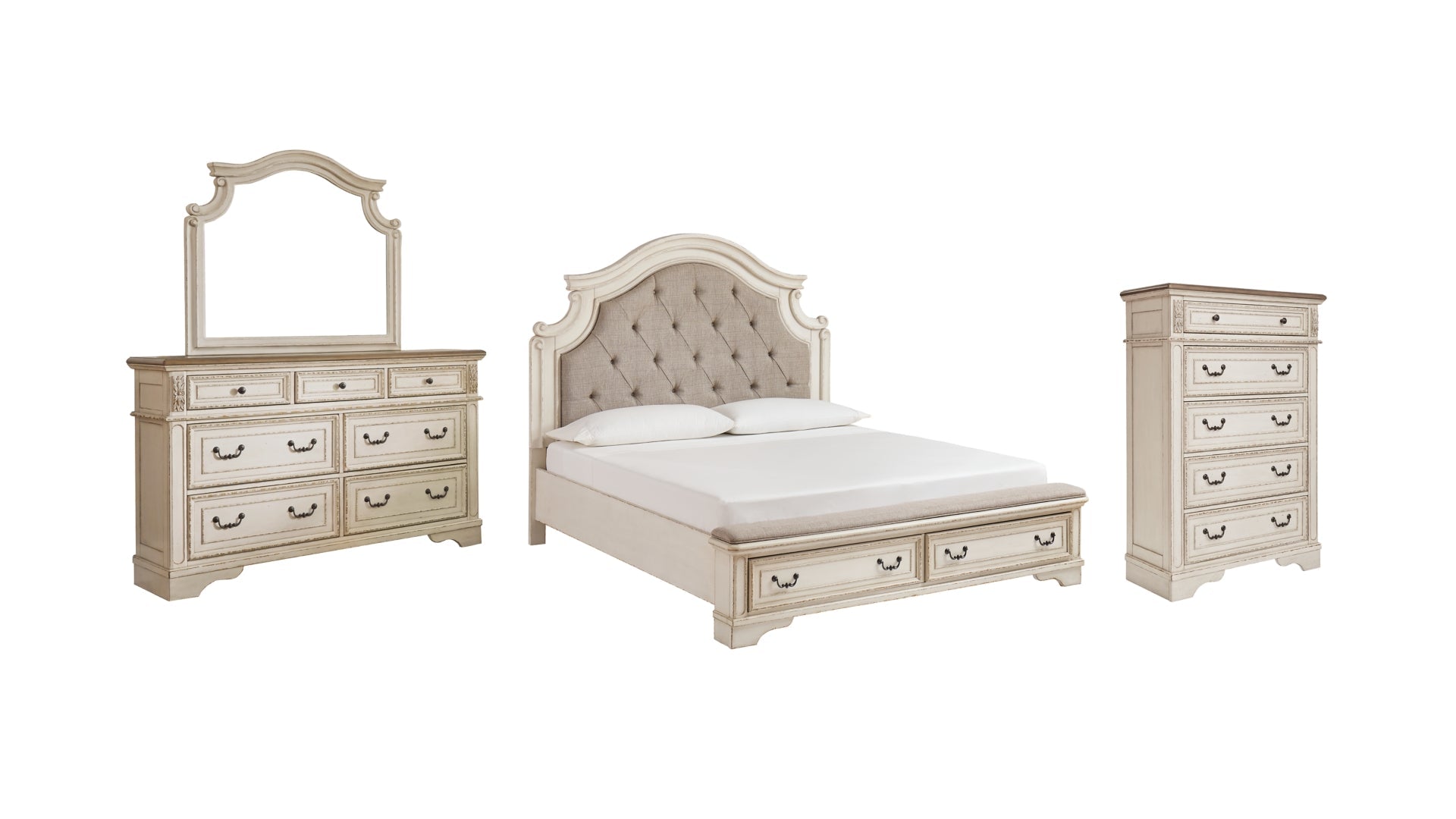 Realyn Queen Upholstered Bed with Mirrored Dresser and Chest