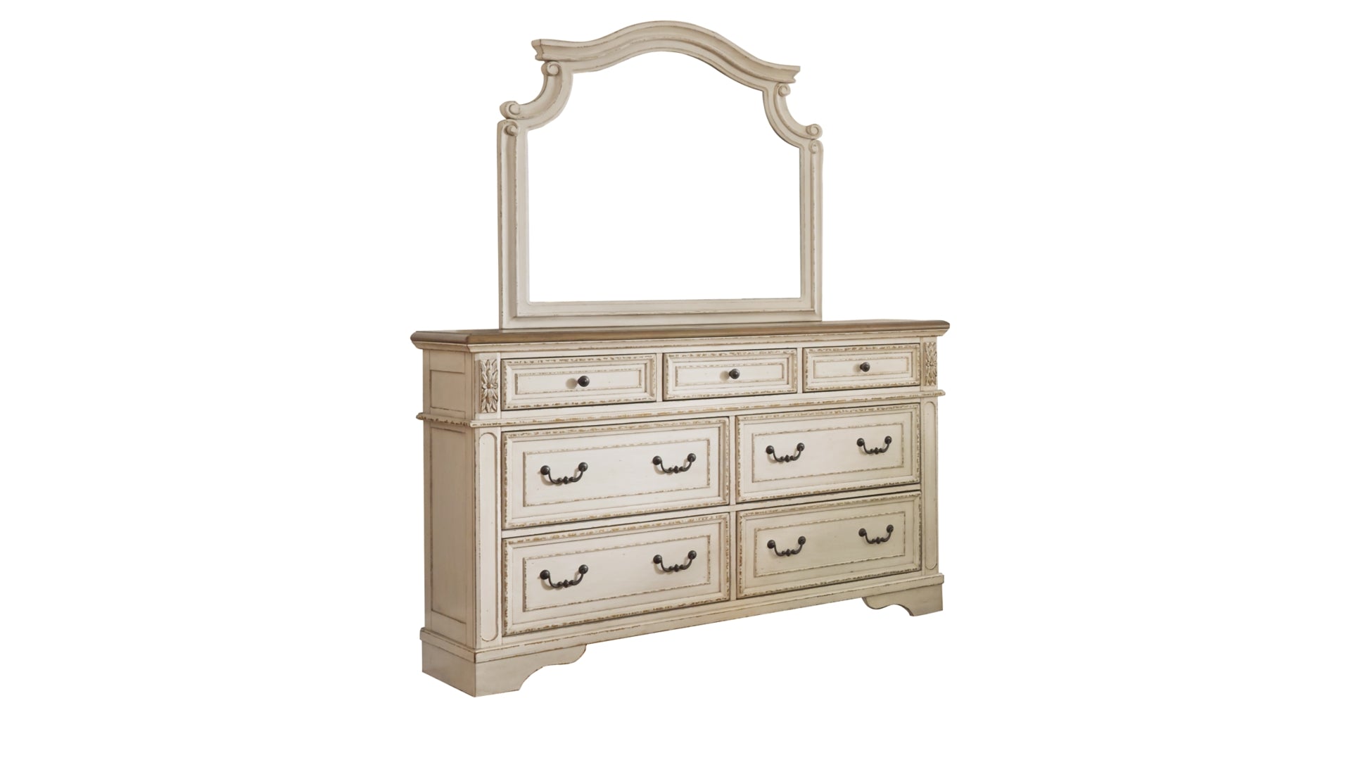 Realyn California King Upholstered Panel Bed with Mirrored Dresser and Chest