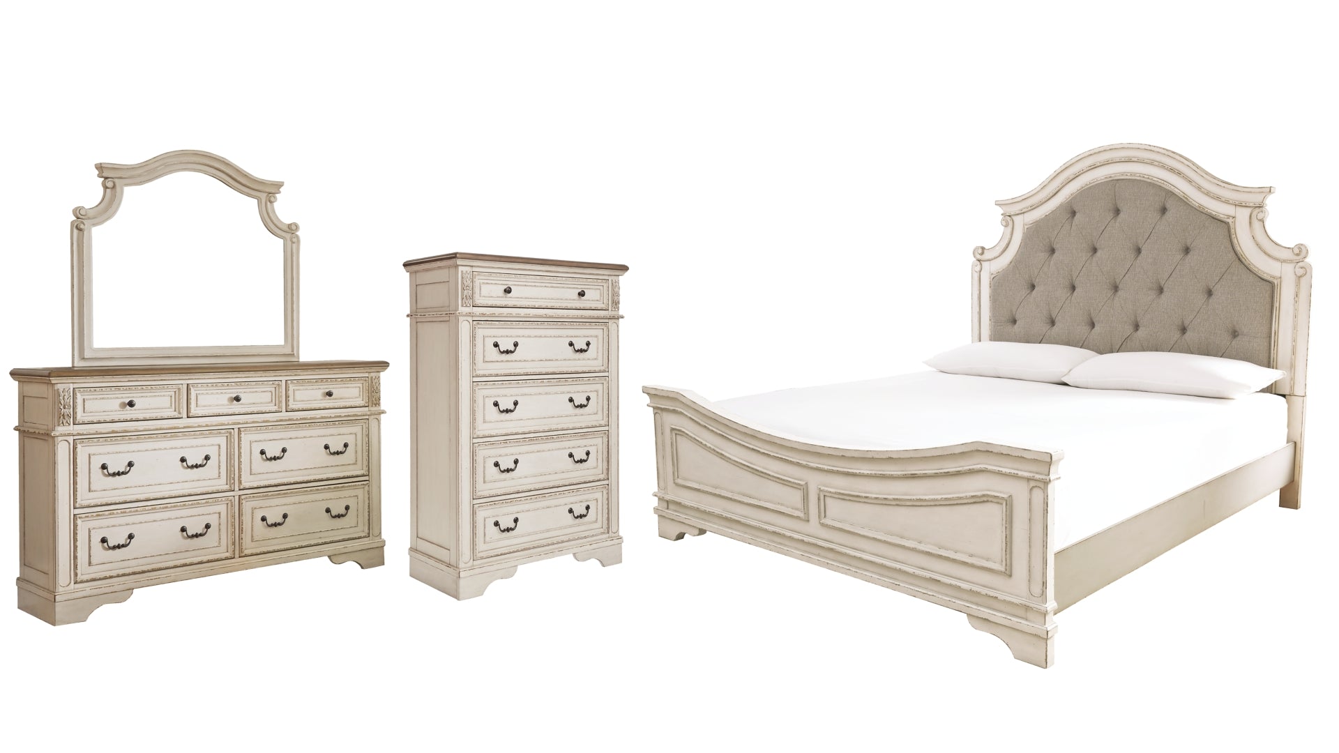 Realyn Queen Upholstered Panel Bed with Mirrored Dresser and Chest