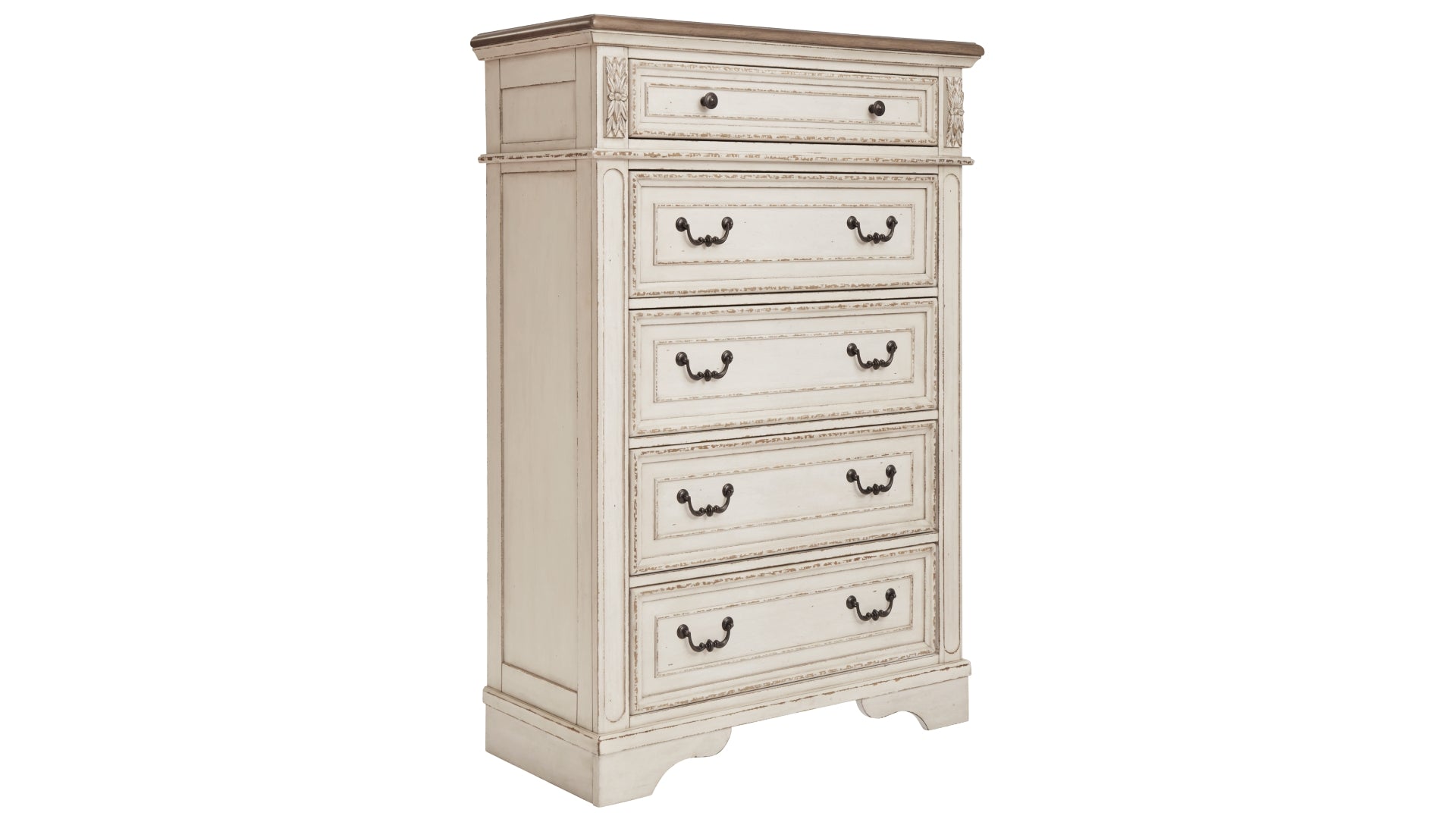 Realyn California King Upholstered Panel Bed with Mirrored Dresser and Chest
