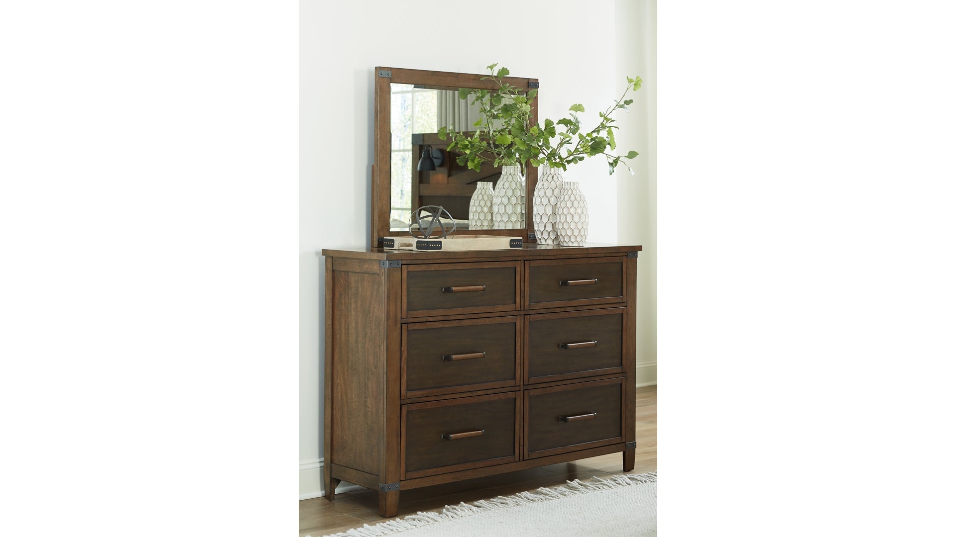 Wyattfield California King Panel Bed with Mirrored Dresser and Chest