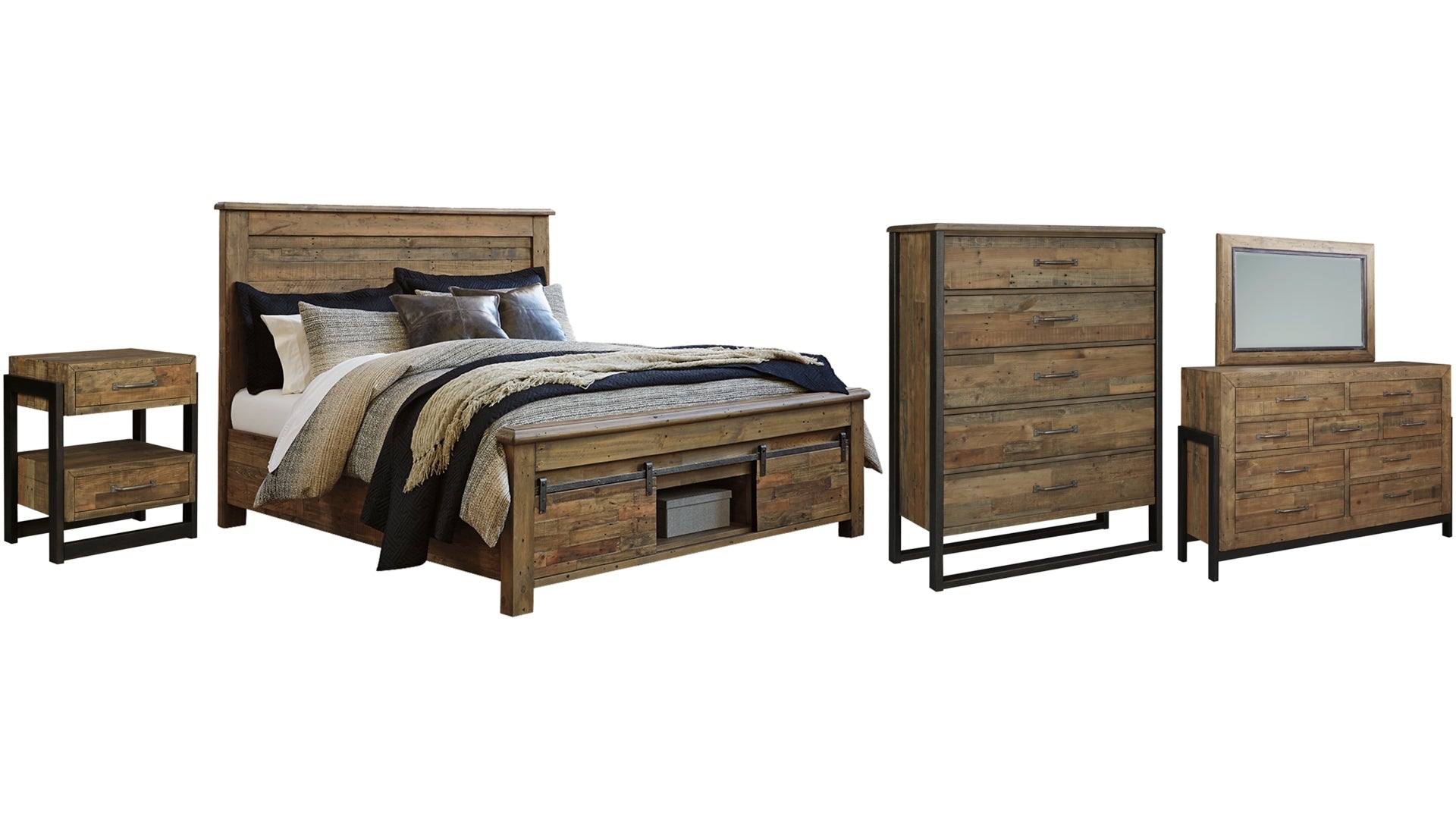Sommerford California King Panel Bed with Storage with Mirrored Dresser, Chest and Nightstand