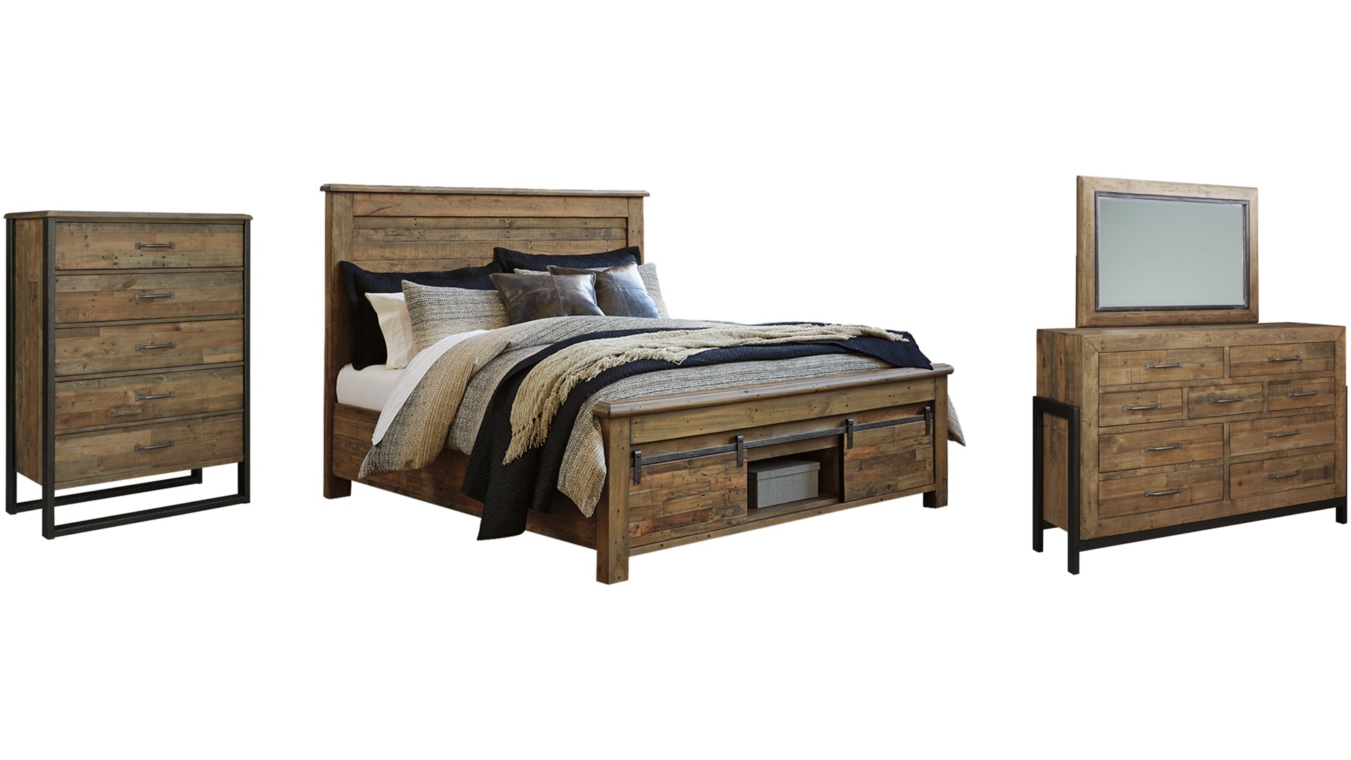 Sommerford California King Panel Bed with Storage with Mirrored Dresser and Chest