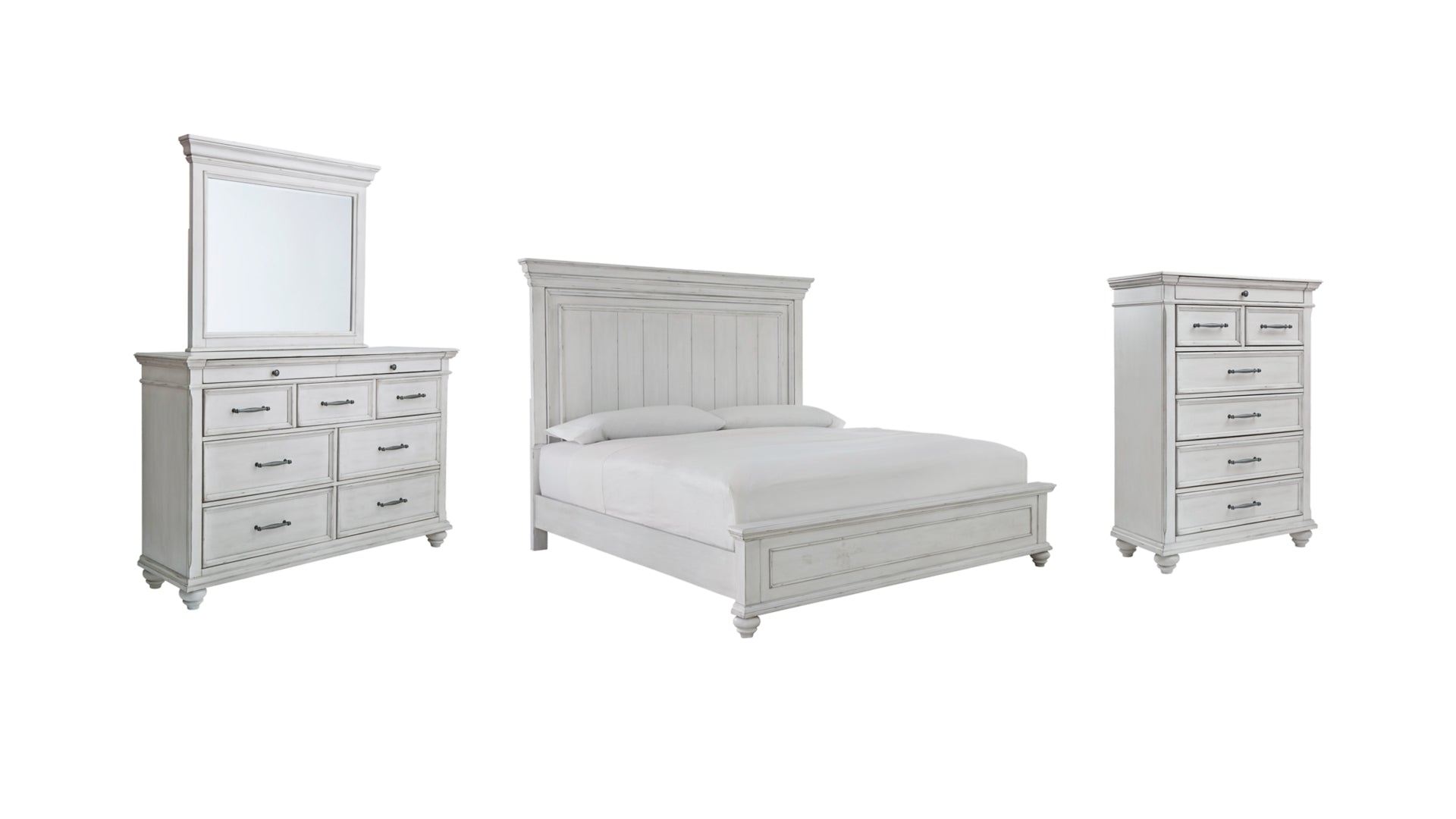 Kanwyn King Panel Bed with Mirrored Dresser and Chest