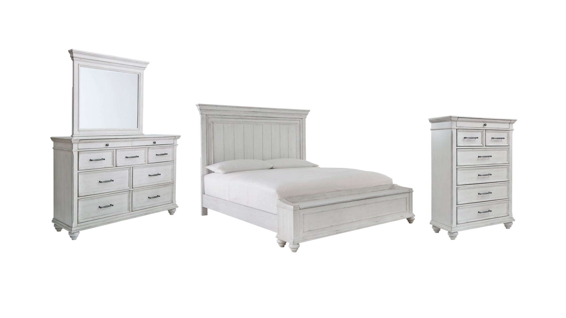 Kanwyn King Panel Bed with Storage with Mirrored Dresser and Chest
