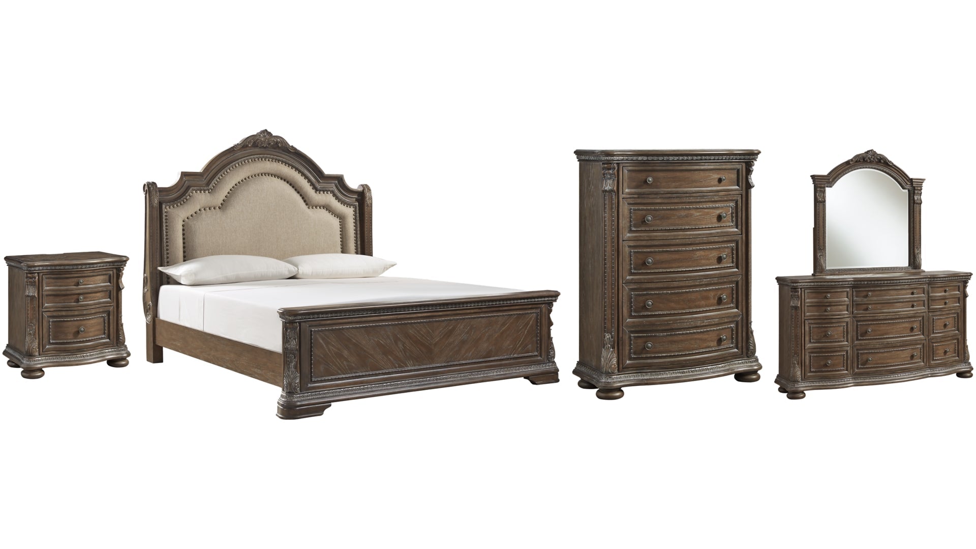Charmond California King Upholstered Sleigh Bed with Mirrored Dresser, Chest and Nightstand