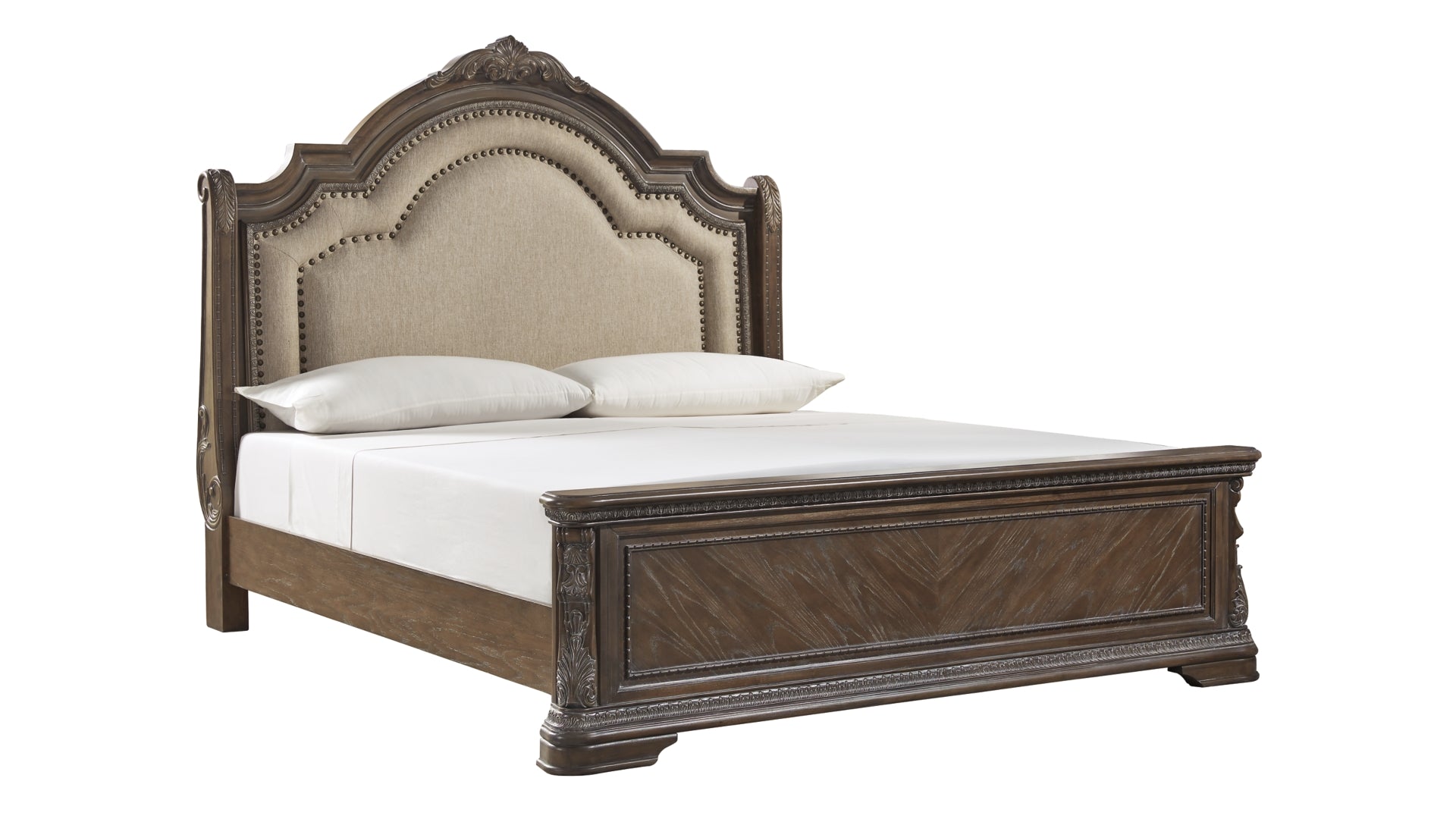 Charmond California King Upholstered Sleigh Bed with Mirrored Dresser and Chest