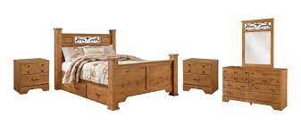 Bittersweet Queen Poster Bed with 2 Storage Drawers with Mirrored Dresser, Chest and Nightstand