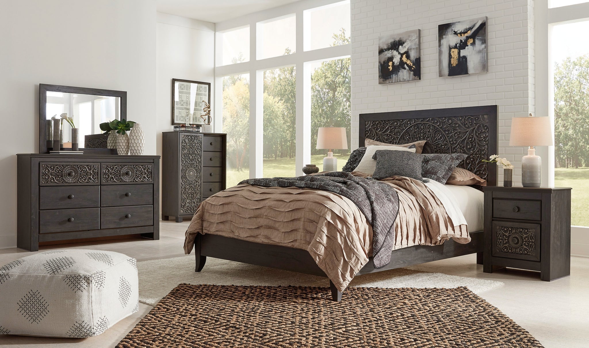 Paxberry King Panel Bed with Mirrored Dresser, Chest and Nightstand
