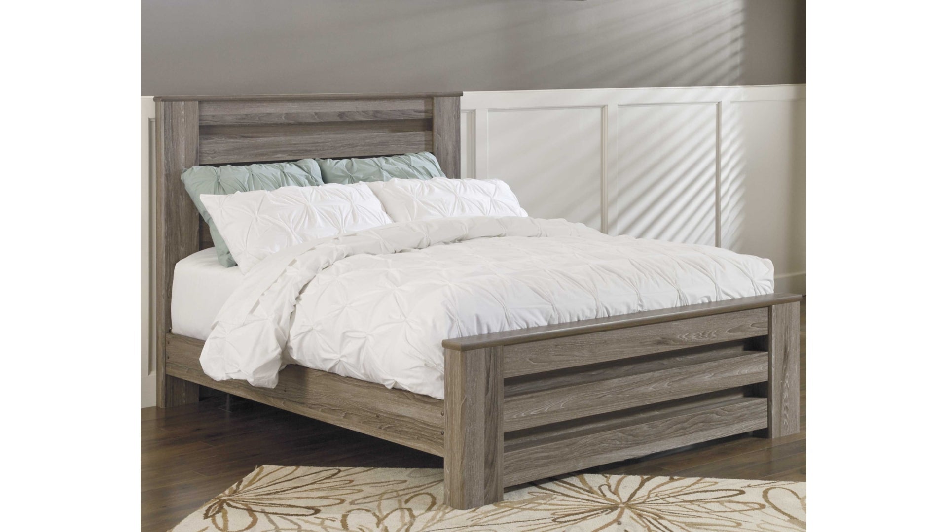 Zelen Queen Panel Bed with Mirrored Dresser and Chest