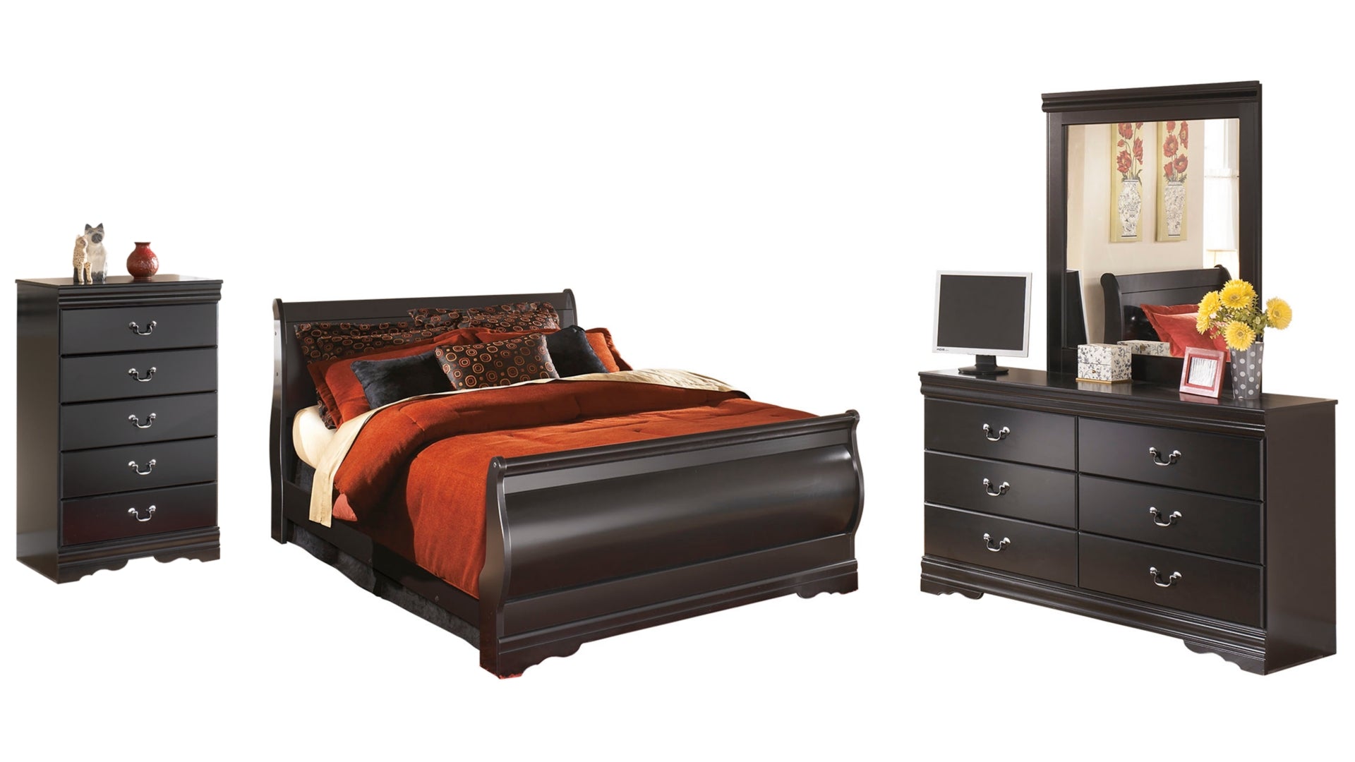 Huey Vineyard Queen Sleigh Bed with Mirrored Dresser and Chest